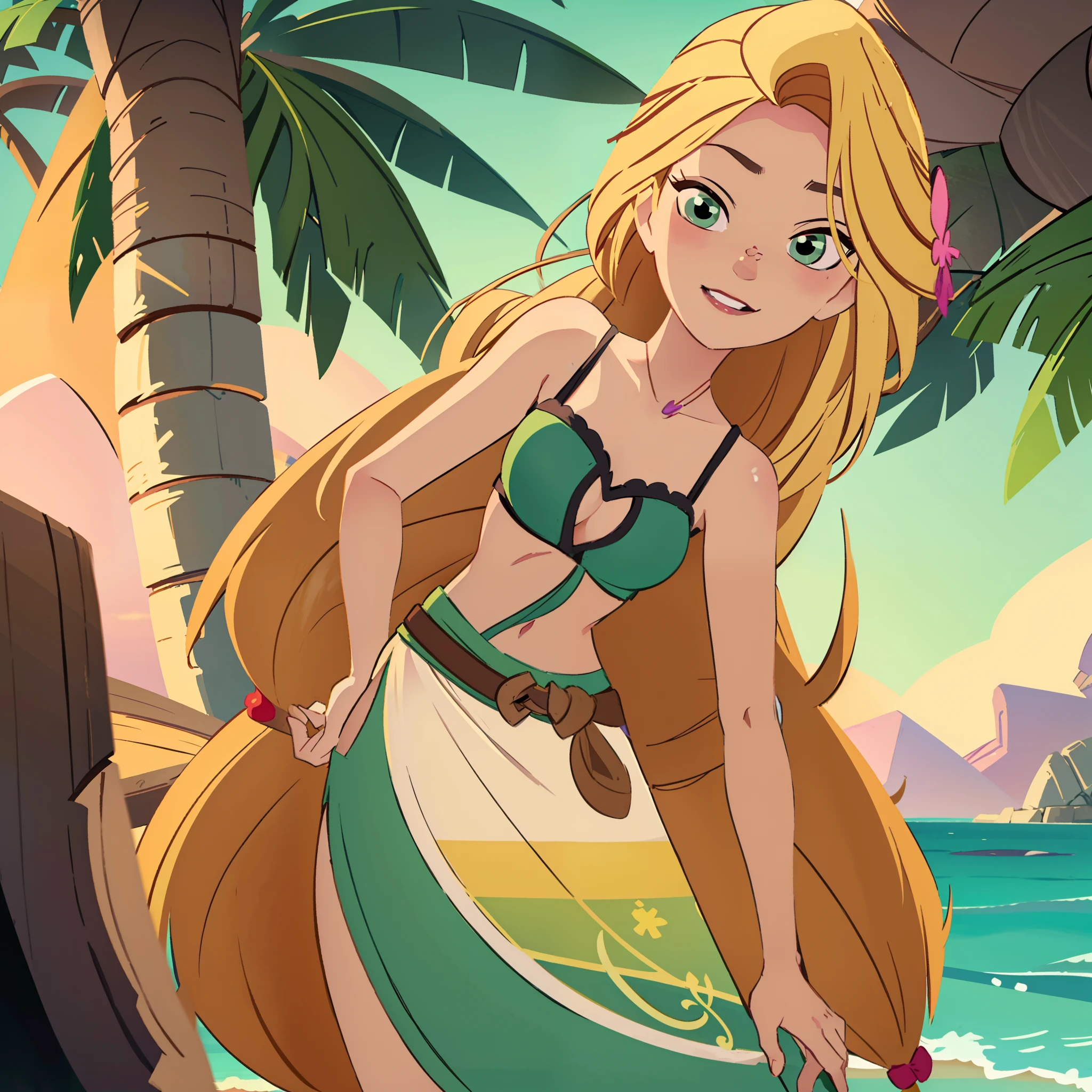 Rapunzel is looking directly in the camera, leaning in from the right, and winks playfully. sexy rapunzel, Rapunzel directly in front of the camera, (loose _hair: 1.9), blinks playfully into the camera, hourglass figure, green island outfit, outdoors, beach, sunset