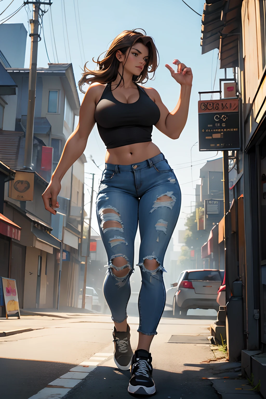 stunningly beautiful brown-haired curvy woman, buxom, perfect face, perfect features, complete body picture, ripped jeans, tank top, sneakers, laser cyborg left eye, glowing, dramatic pose, standing on top of a building, linseed oil painting, ultra-detailed, highest possible resolution, strong pose, resilient facial expression, ultra-detailed background, dark natural colors,