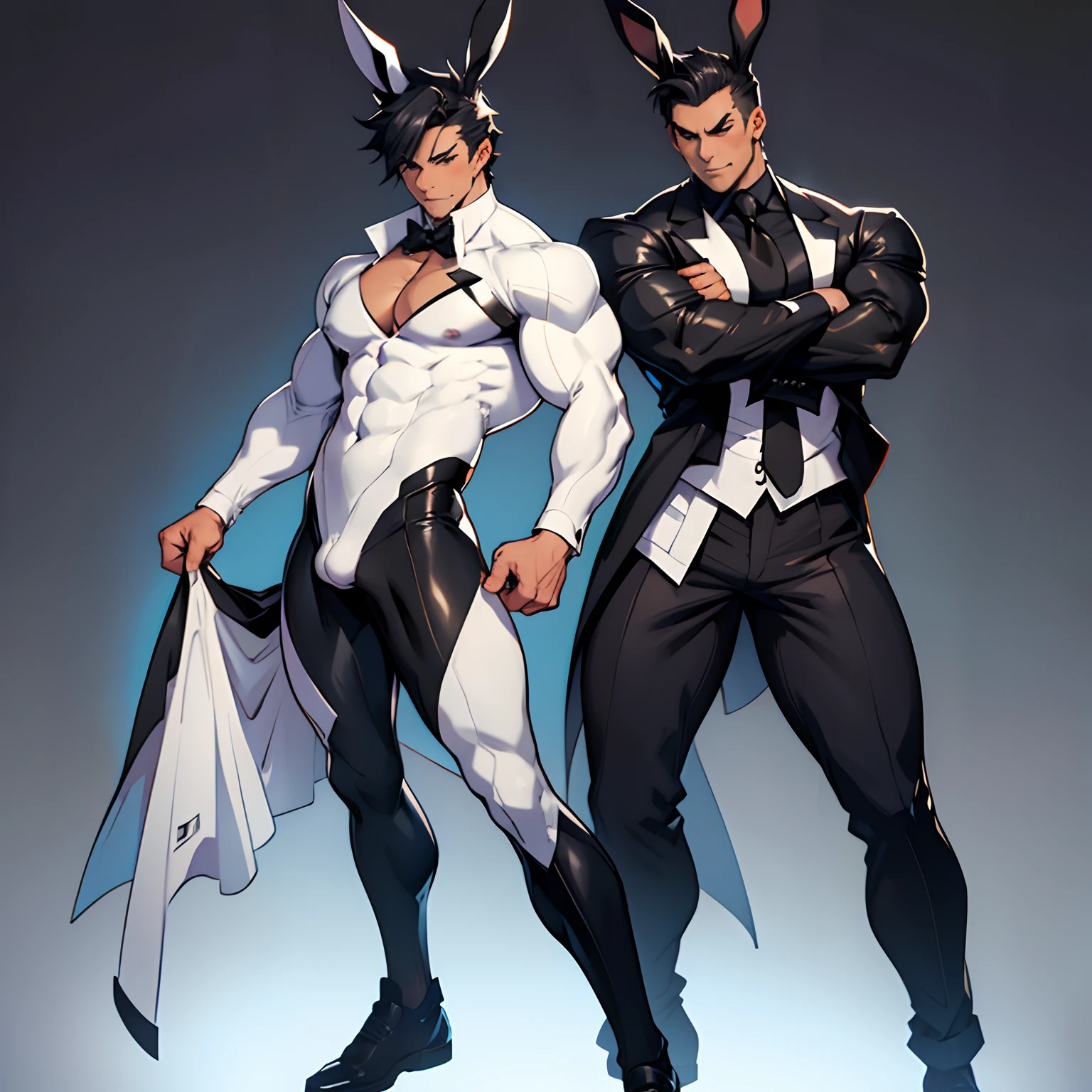 Cartoon of a man in a black suit , beefcake pose, Makoto, Commission for high resolution, rabbt_Character, genji, full body commission for, NSFW, Bunny suit, in bunny suits, sexy dominant pose, With bunny ears