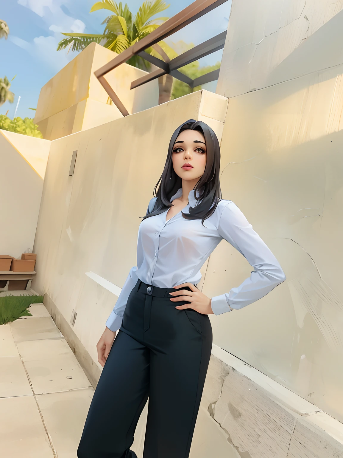There is a woman in front of a wall with her hands on her hips, Pose casual, Como um personagem da Pixar, como um personagem de fortnite, character is in her natural pose, Ana, De Overwatch, Como um personagem De Overwatch, como personagem de overwatch, como um personagem de anime, Retrato de corpo inteiro do personagem, Pose de personagem, fotorrealista de corpo inteiro, casual business clothes, Pose legal olhos castanhos pele parda