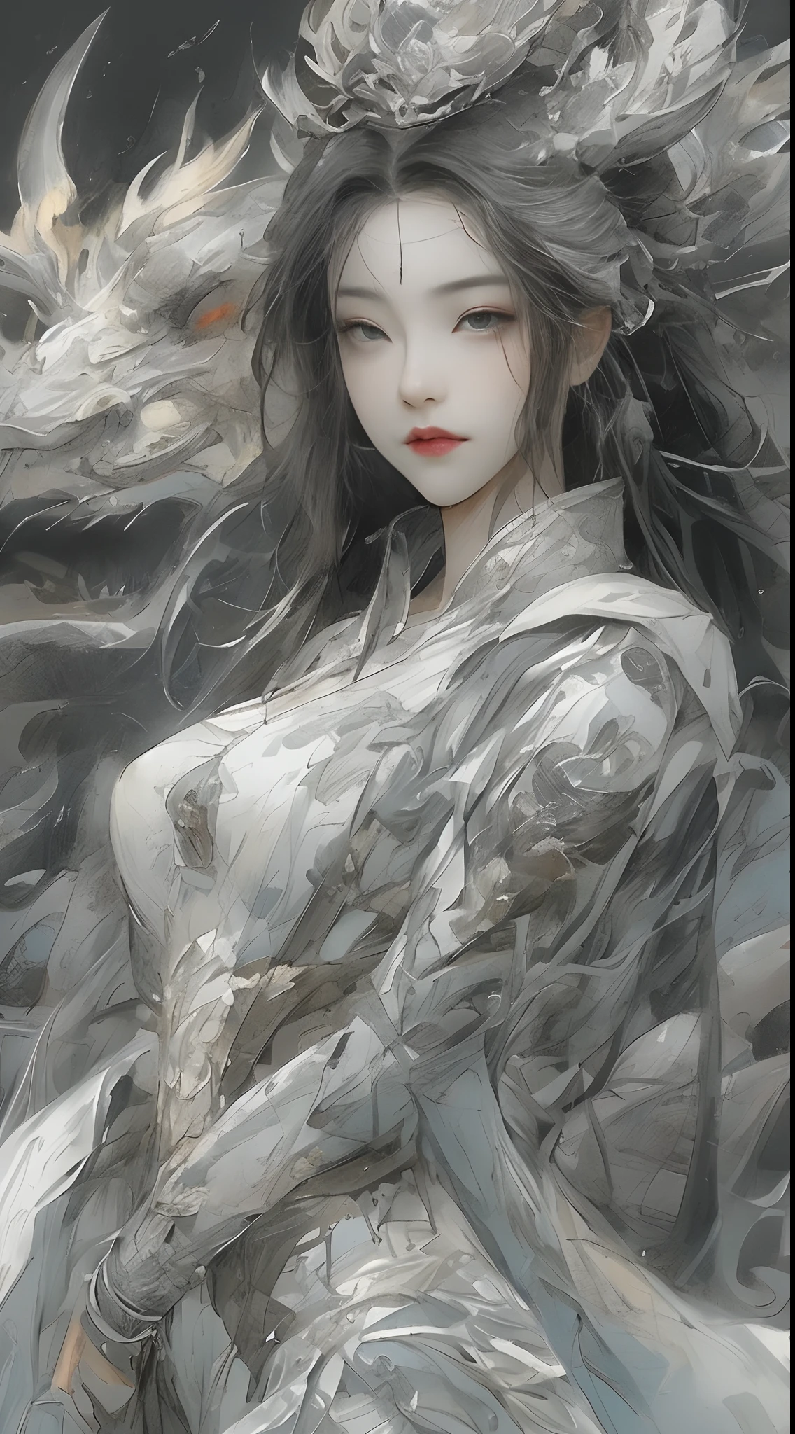Official Art, Unified 8k Wallpapers, ((Hyperrealism) (Surrealism)), (3D), Ultra Detailed, Beautiful and Aesthetic, Masterpiece, Best Quality, (Zentangle, Tangle, Entangle), (Fractal Art: 0.5), (Full Body Character Design, Full Body: 0.3), 2girl, Detailed Eyes, (Delicate Skin, Diffused Skin Pores) (Long White Hair), No Shoulder Straps, Girl in Mecha Network Armor, Beautiful White Girl Cyborg, Weapon in hand, Chinese style, wide vision, black and white, martial arts, Chinese cyberpunk architecture, movie lighting, full body character design, full body: 0.3), China, (dream: 1), (silk: 1), sky with Chinese dragon, Chinese phoenix, (smile: 1.5), (Chinese deity),