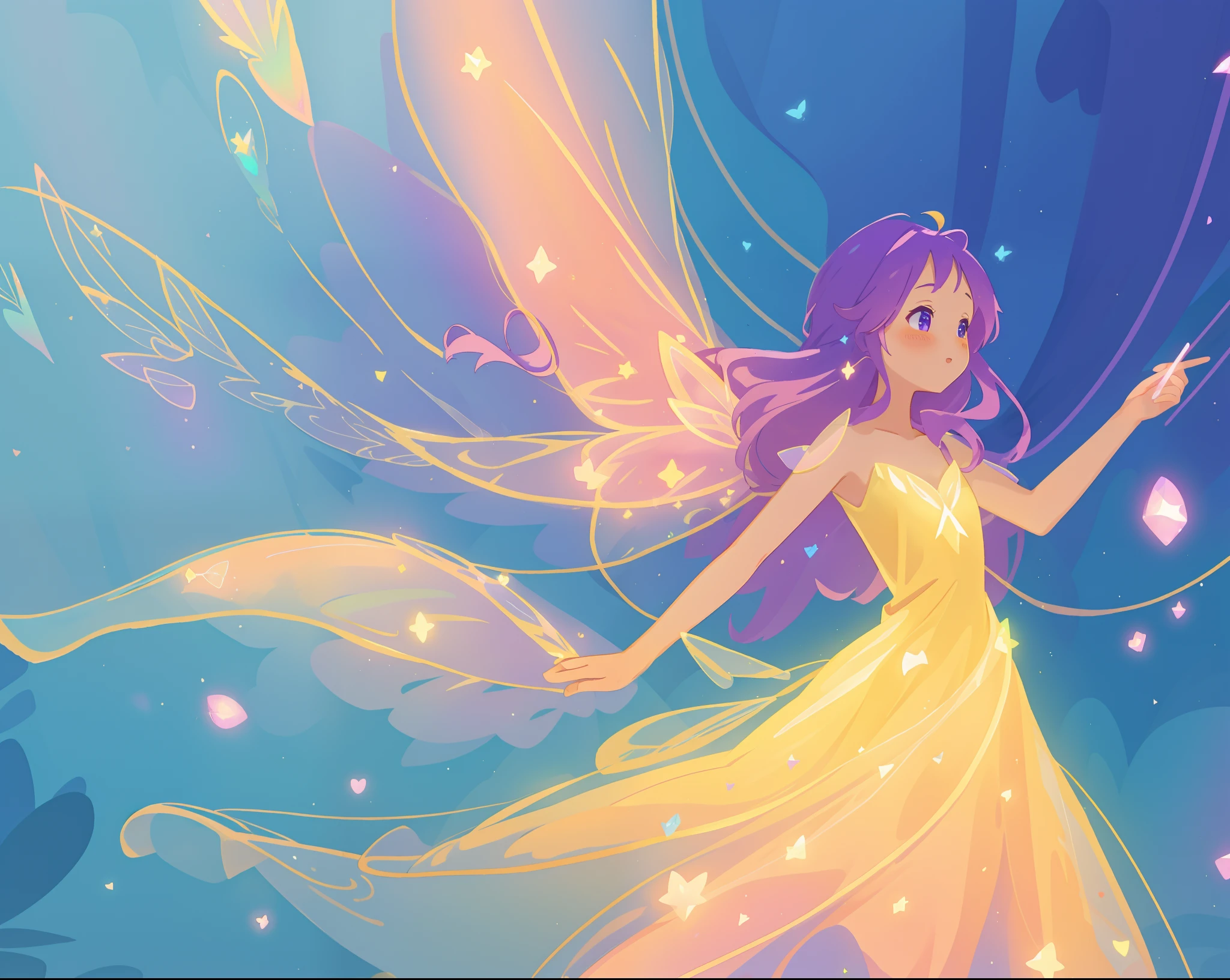 beautiful fairy girl in fluttering yellow dress, layered sparkling fairy dress, (huge sparkling pink fairy wings), long dark purple hair, fairy queen, ((magical colorful otherworldly background)), colorful fantasia background, (glowing fairy wings), glowing flowing ballgown, long hair, sparkling fairy wings, watercolor illustration, glowing aura around her, glowing lights, beautiful digital illustration, fantasia otherworldly background, beautiful, (masterpiece), best quality
