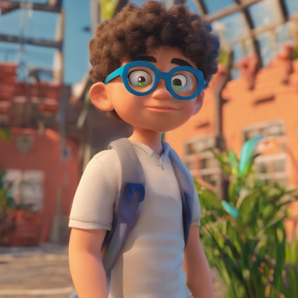 Image of a boy for a story in a YouTube video in Pixar format, He's the little one,He's outgoing, Playful and gets up for a lot of things. Ele tem cabelos escuros e usa oculos redondos.