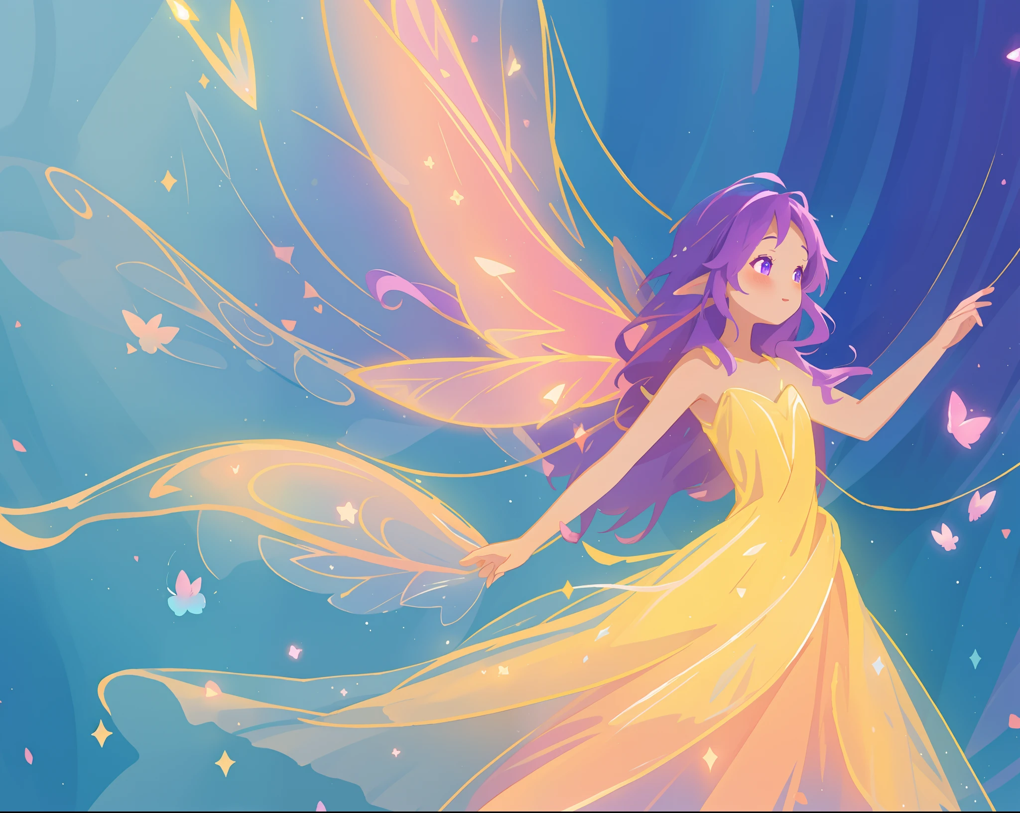 beautiful fairy girl in fluttering yellow dress, layered sparkling fairy dress, (huge sparkling pink fairy wings), long dark purple hair, fairy queen, ((magical colorful otherworldly background)), colorful fantasia background, (glowing fairy wings), glowing flowing ballgown, long hair, sparkling fairy wings, watercolor illustration, glowing aura around her, glowing lights, beautiful digital illustration, fantasia otherworldly background, beautiful, (masterpiece), best quality