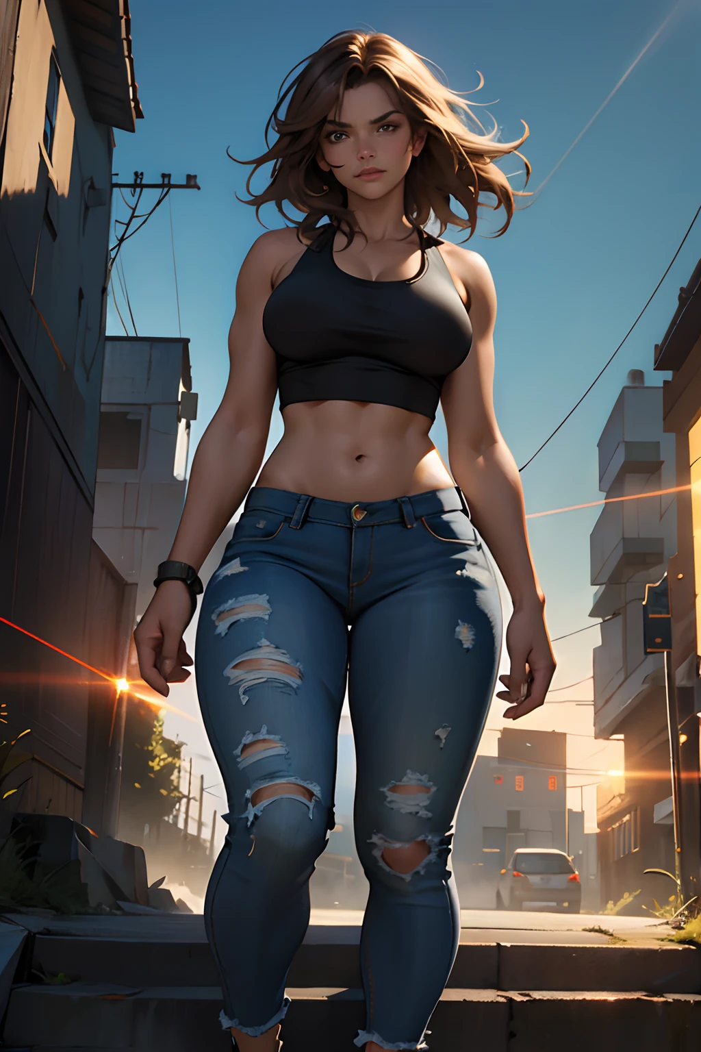 stunningly beautiful brown-haired curvy woman, buxom, perfect face, perfect features, complete body picture, ripped jeans, tank top, sneakers, laser cyborg left eye, glowing, dramatic pose, standing on top of a building, linseed oil painting, ultra-detailed, highest possible resolution, strong pose, resilient facial expression, ultra-detailed background, dark natural colors,