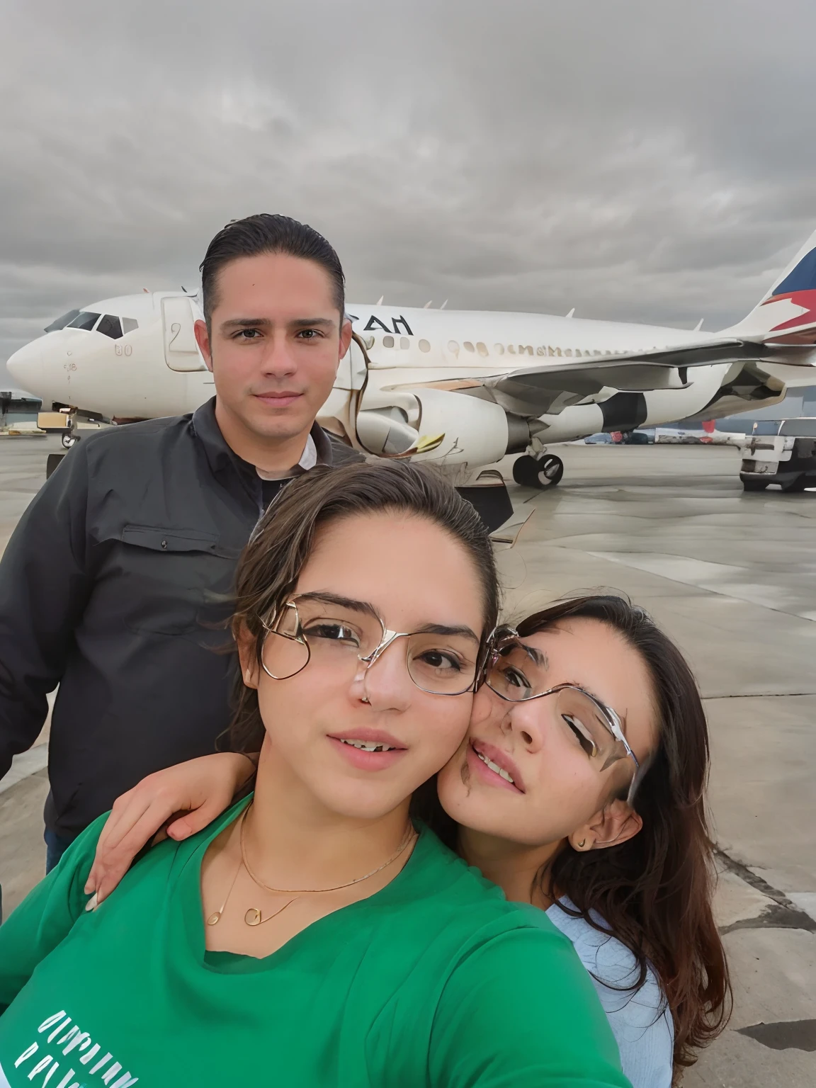 There are two people in front of a plane on the runway, holiday photography, back to us, Selfie!!!!!, Mulher de 30 anos de Cuba, lindo dia ensolarado, imagem de perfil, fotografia, Assumido em Go Pro Hero8, In Sao Paulo, Happy family, com muitos viajantes, Upload de alta qualidade, fotografia Selfie, lindo dia