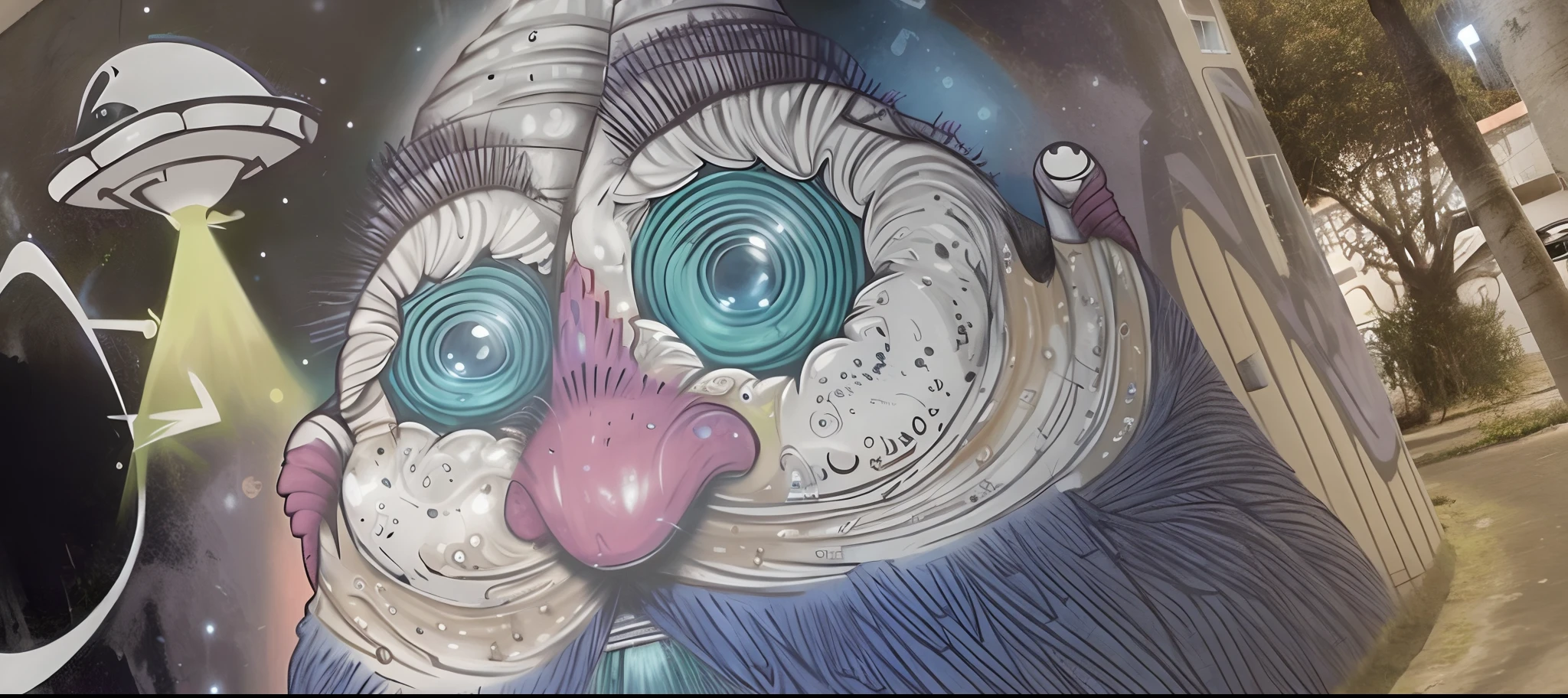 Graffiti on a wall of a building with a UFO on it, alien owl, Disney Style Animation, alta resolução, close-up