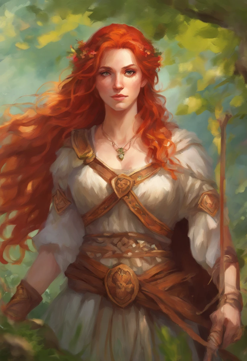 greek, female, redhead, two-spear wielder, no armor, clothes on