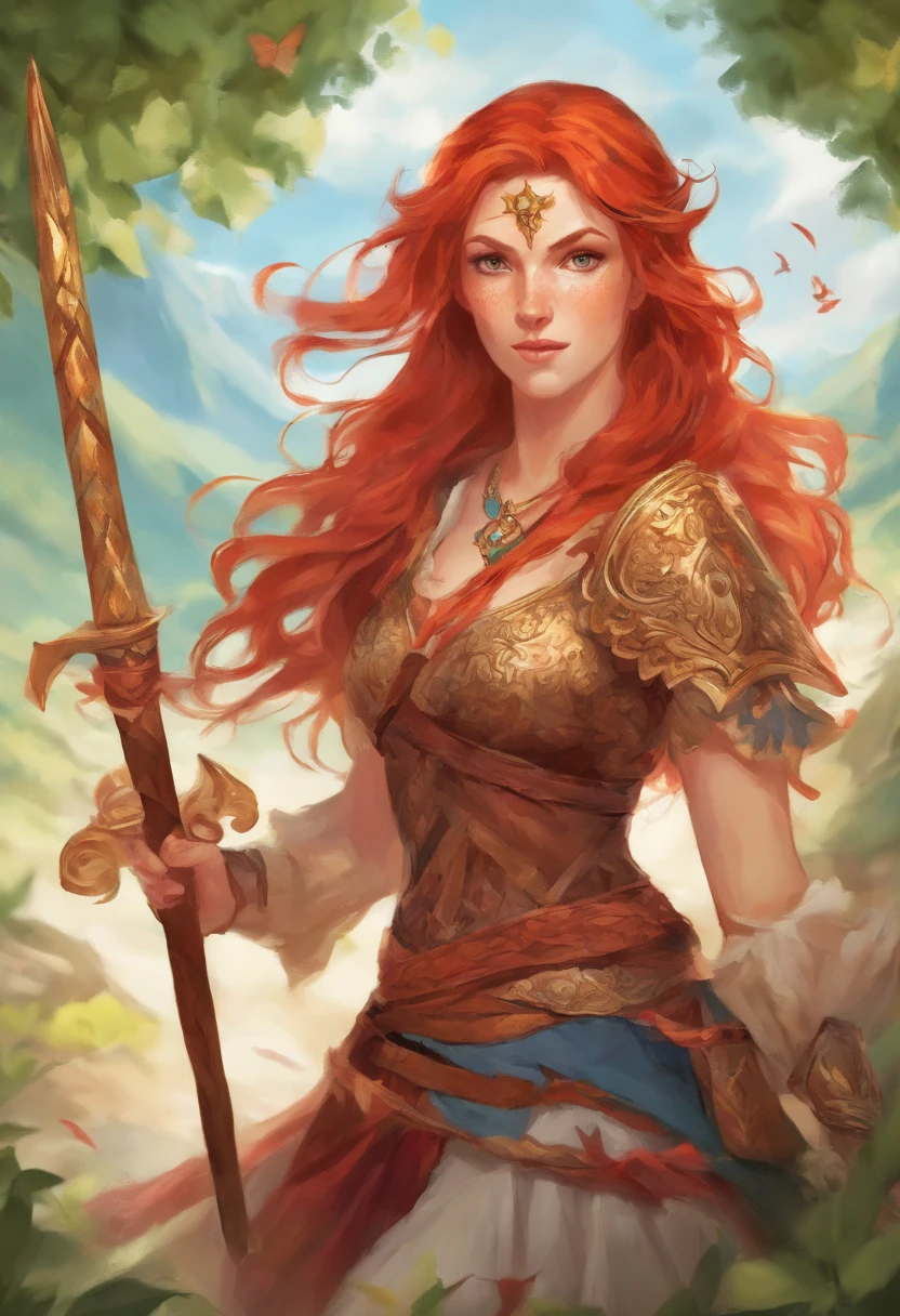 greek, female, redhead, two-spear wielder, no armor, clothes on