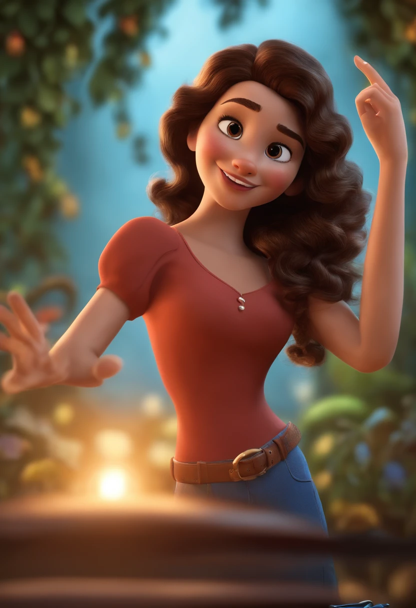 Imagem estilo Pixar com personagem 3D,Brunette woman short curly hair dancing, Maquiagem Disney,Pescador, bonitinho, sorridente ,Close-up, Pixar, Disney, Cinema lighting,olhos grandes castanhos escuro, right hand raised, Ring and middle fingers bent and too open