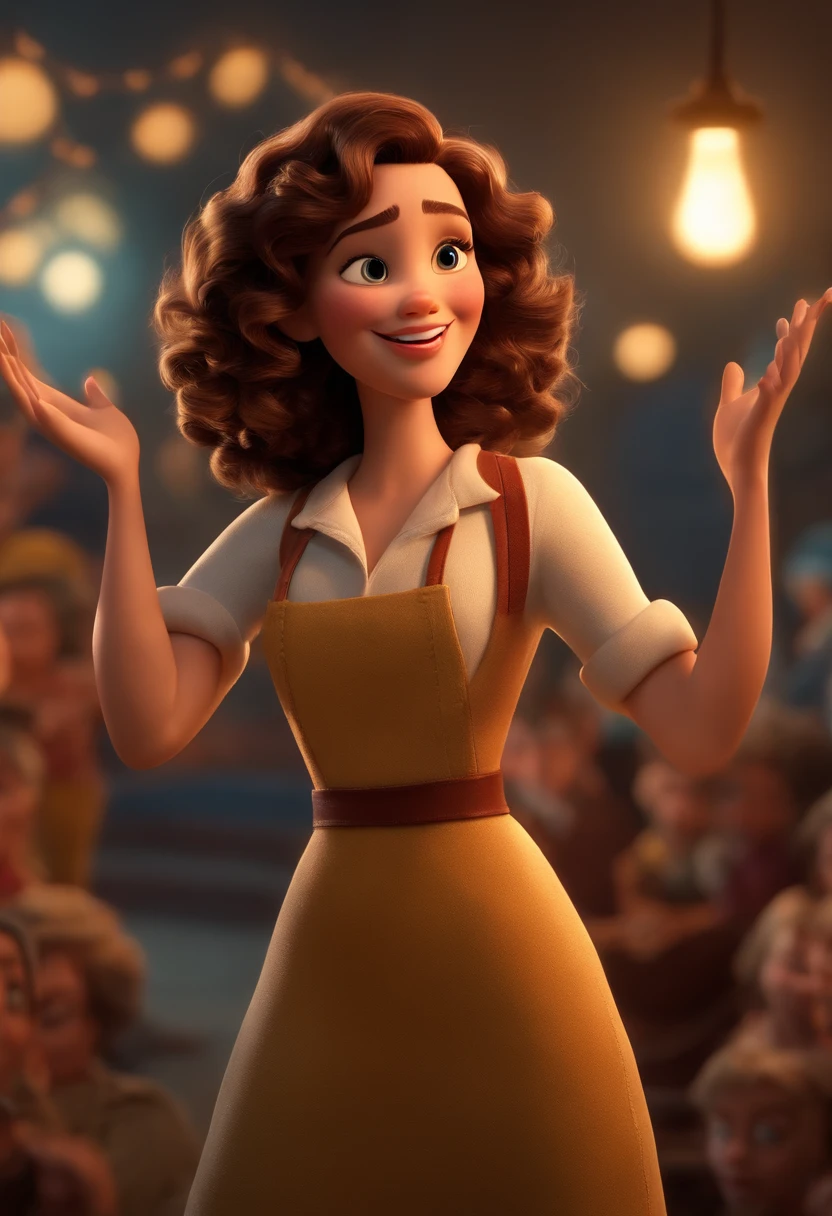 Imagem estilo Pixar com personagem 3D,Brunette woman short curly hair dancing, Maquiagem Disney,Pescador, bonitinho, sorridente ,Close-up, Pixar, Disney, Cinema lighting,olhos grandes castanhos escuro, right hand raised, Ring and middle fingers bent and too open