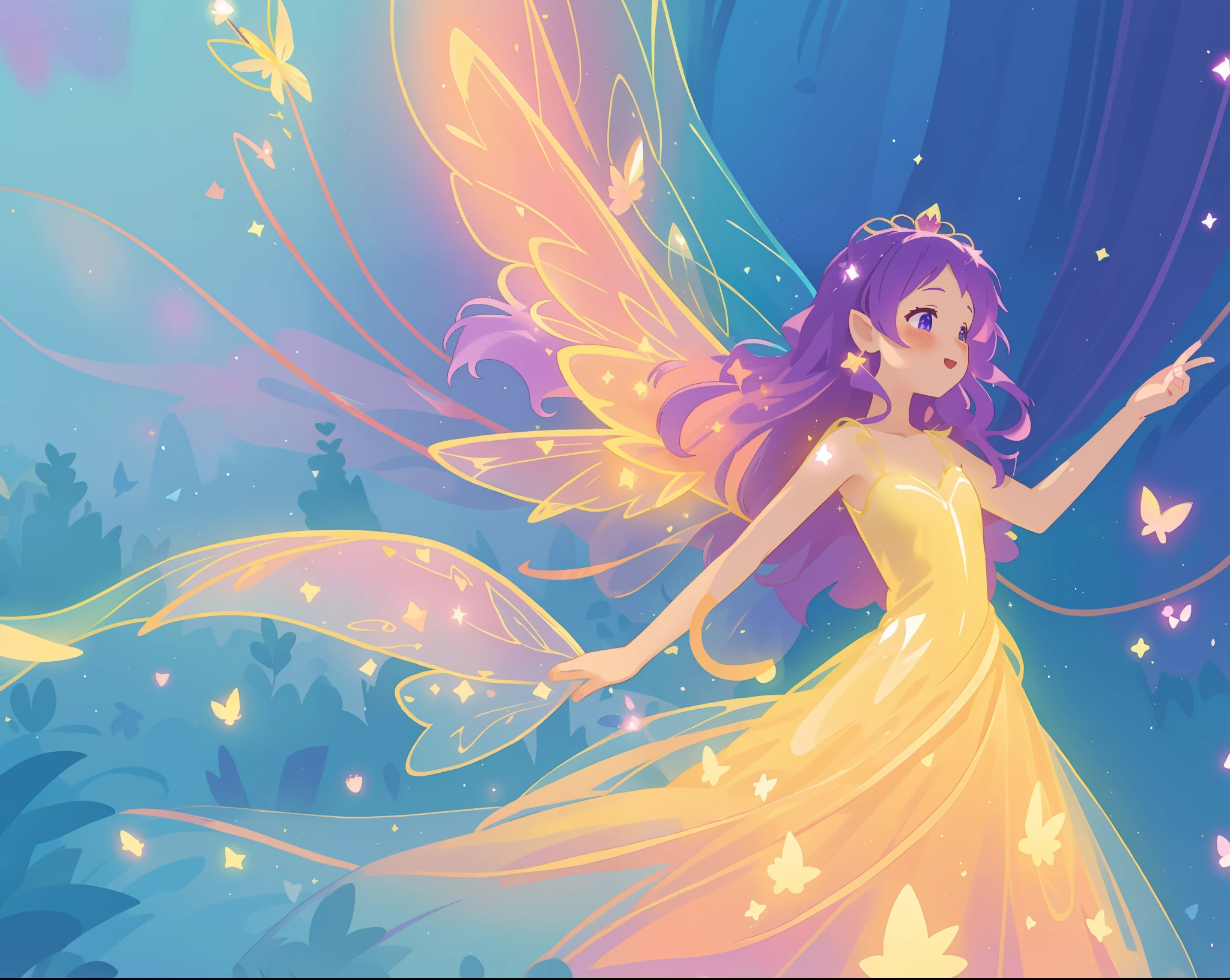 beautiful fairy girl in fluttering yellow dress, layered sparkling fairy dress, (huge sparkling pink fairy wings), long dark purple hair, fairy queen, ((magical colorful otherworldly background)), colorful fantasia background, (glowing fairy wings), glowing flowing ballgown, long hair, sparkling fairy wings, watercolor illustration, glowing aura around her, glowing lights, beautiful digital illustration, fantasia otherworldly background, beautiful, (masterpiece), best quality