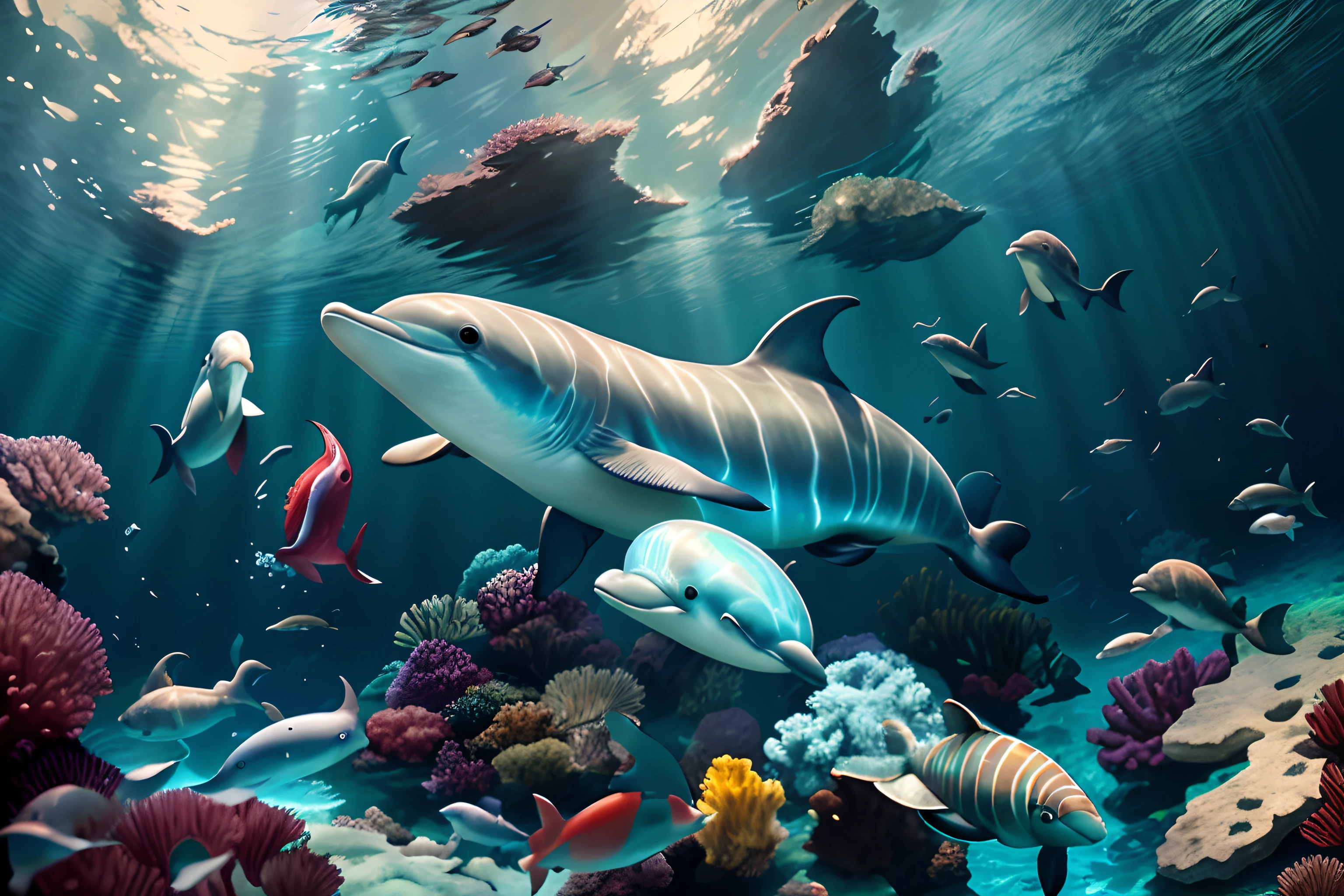there are many different types of fish in this picture, beautiful art uhd 4 k, 4 k hd wallpaper very detailed, underwater world, 4k highly detailed digital art, highly detailed digital painting, dolphins swimming, closeup cinematic aquatic scene, coral reef, beautiful digital artwork, dolphins, amazing depth, realistic ocean, 4 k hd wallpaper illustration, tropical reef