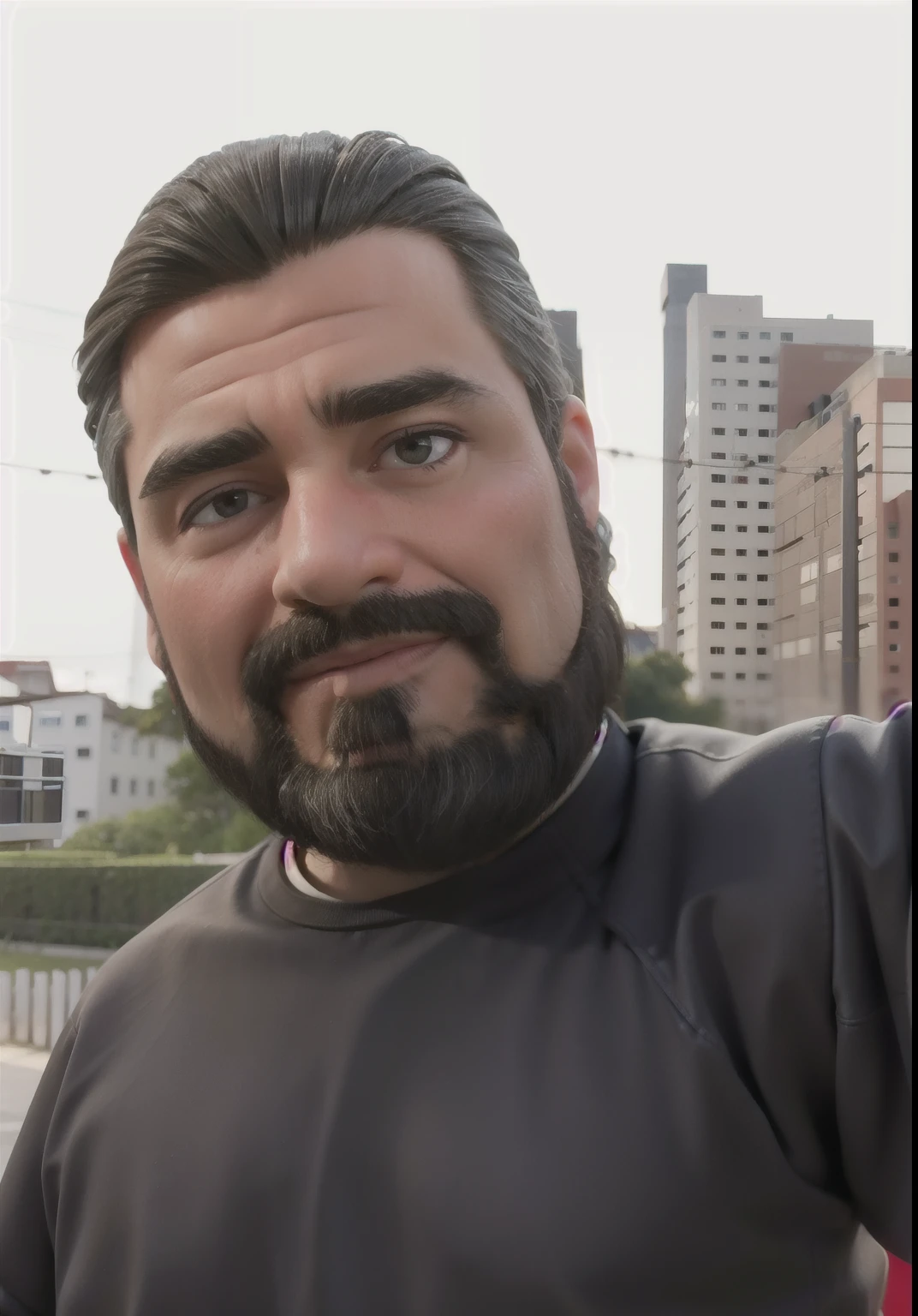 Homem moreno de 50 anos com barba cheia e bem feita, cabelos grisalhos,