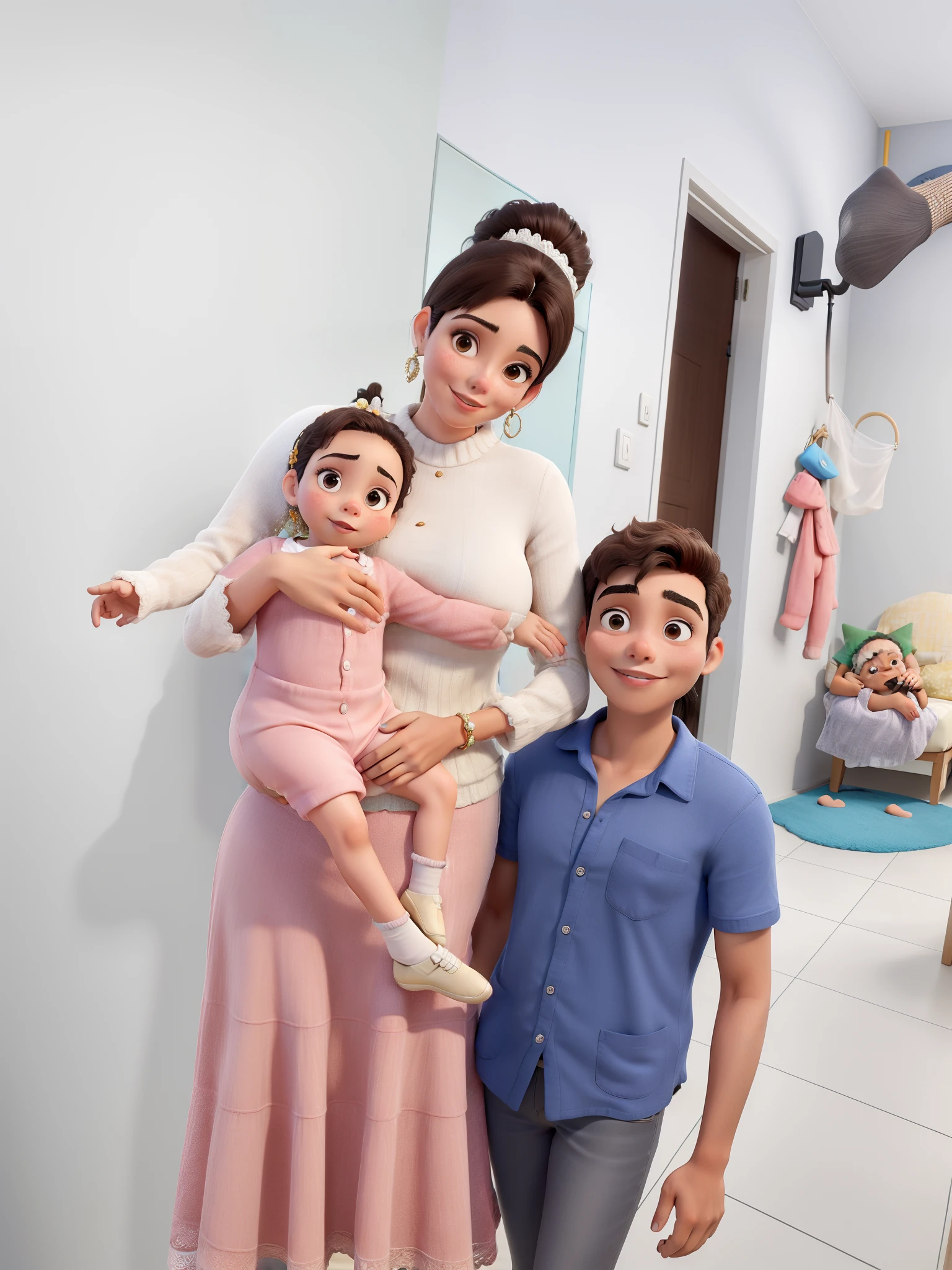 Obra-prima, de melhor qualidade, uma mulher morena com dois filhos, um filho no colo e outro ao lado.