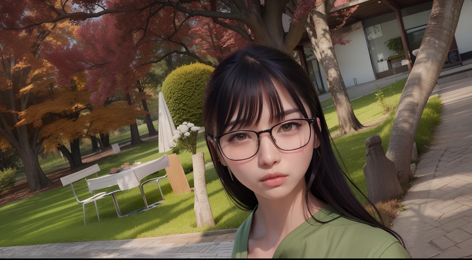 there is a woman with glasses standing in a park with a tree, inspired by Sim Sa-jeong, detailed photo of virtual world, beautiful screenshot, fashion gameplay screenshot, photorealistic screenshot, second life avatar, inspired by Ma Yuanyu, inspired by Miwa Komatsu, photorealistic content, realism artstyle, inspired by Ai Xuan, inspired by Chen Lu