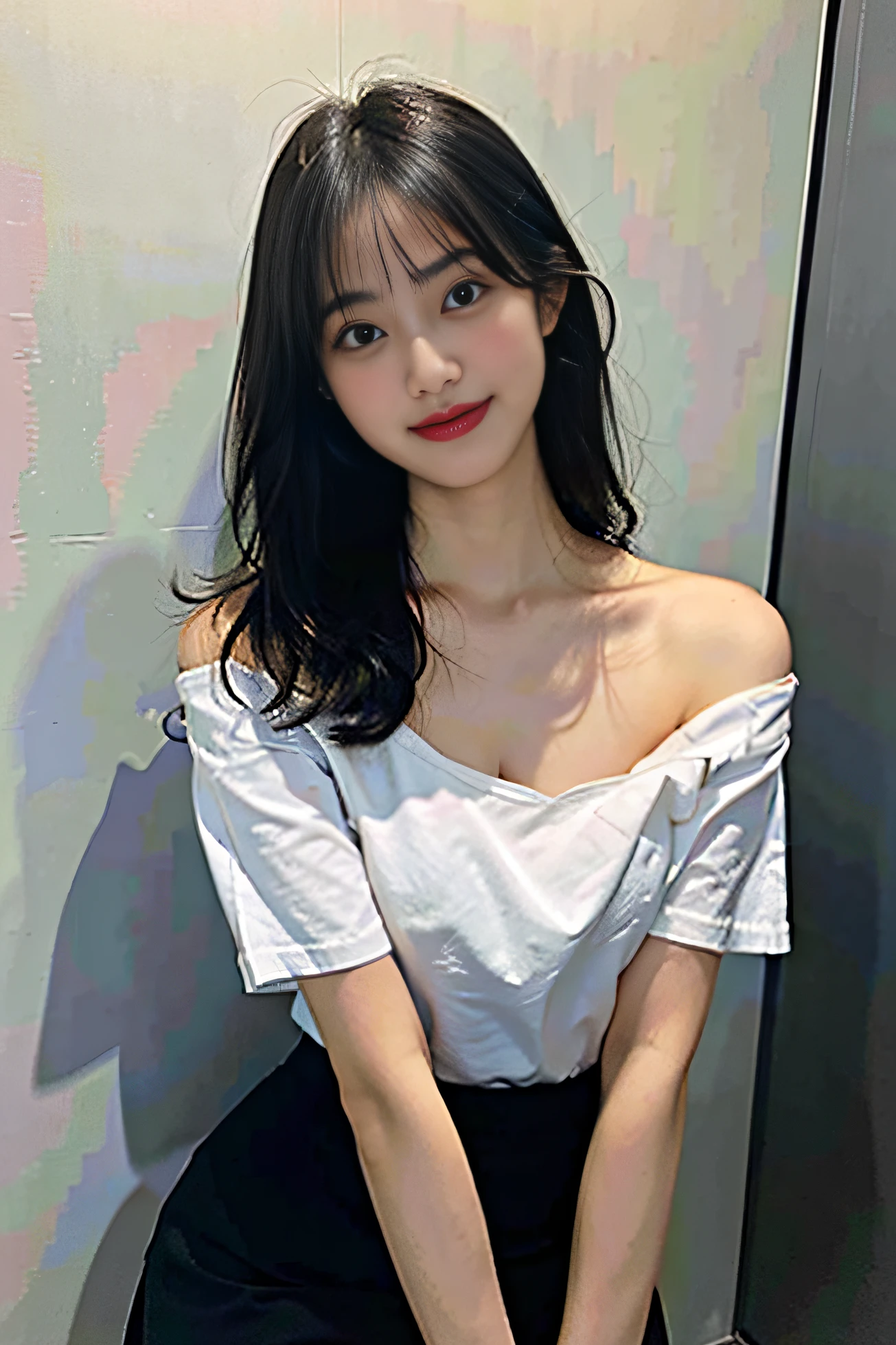 best qualtiy,super high quality,1girll,Off-shoulder white shirt,Black tight skirt,Black collar,(Faded gray hair, shallow cleavage breasts,looking at viewer,closeup tiny cleavage,8K,a ,Sweet smile, high school girl, tri-x, ISO1600, 85mm lens