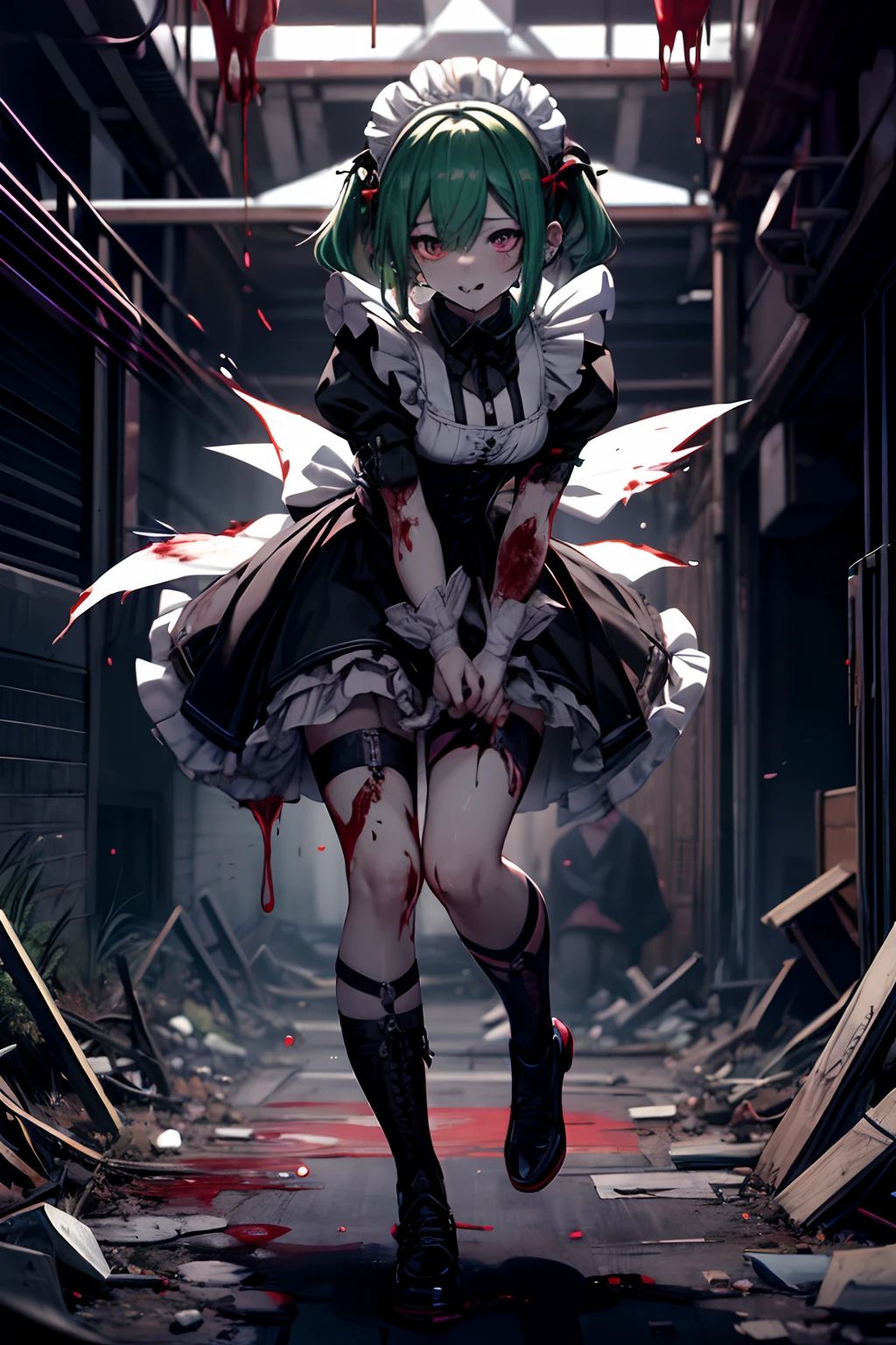 、Dynamic、Acrobatic、full body Esbian、crosses、Goth Punk、Longhaire、Twin-tailed、dishevled hair、long、Blunt bangs、Ahegao ( Silly / Sexual ecstasy)、dead body、Blood everywhere、blood splashing、dark hue、Red hue、maid、Green hair、