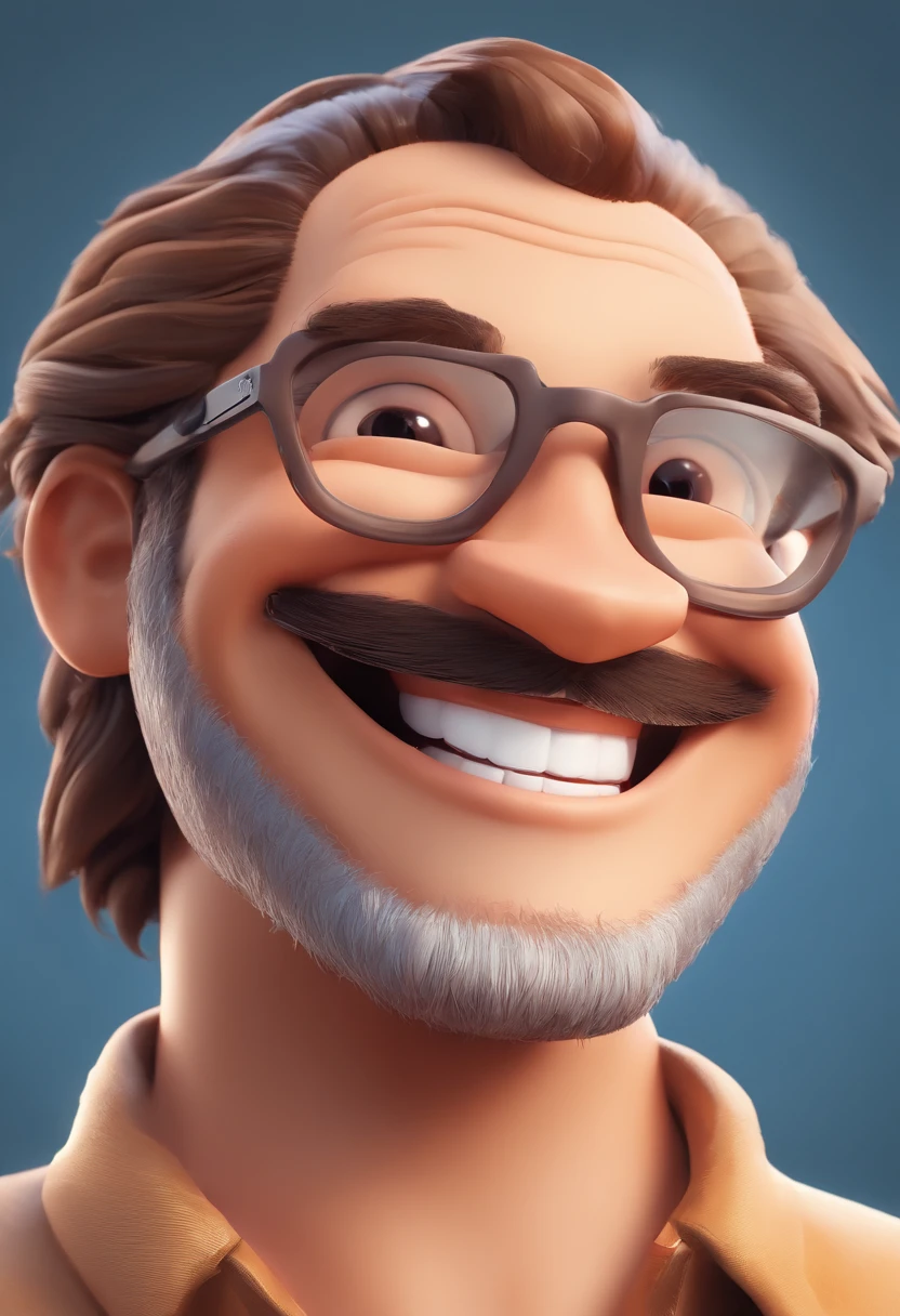Illustration of a smiling man, Um sorriso doentio, Homem de pele parda,The smile is bright, happily smiling at the camera, sorriso atrevido, barba grisalha, queda de cabelo, thick glasses, he's smiling, sorriso muito grande, Macho sorridente, foto de perfil do avatar, Sorria com um sorriso brilhante, Desenhar em estilo de arte 3D, c4d, com um fundo branco puro, Estilo Disney, Pixar-style rendering illustrations in super detail, 8k