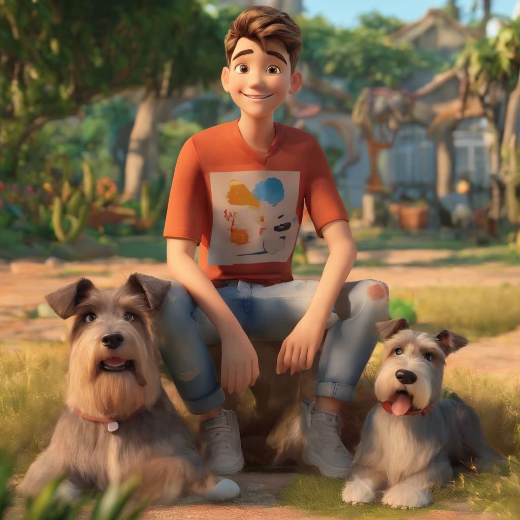 Lucas is a smiling -yeld hu boy, com seu fiel amigo, Bolt, o cachorro schnauzer, deitados no jardim