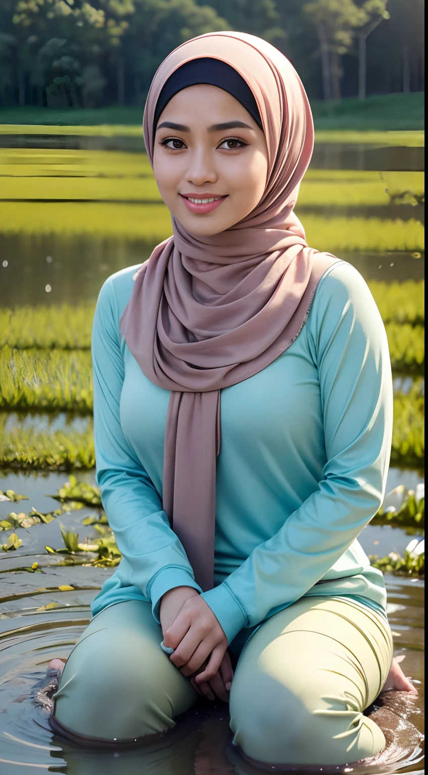 RAW, Best quality, high resolution, masterpiece: 1.3), beautiful Malay woman in hijab (iu:0.8),Best quality, high resolution, Masterpiece: 1.3, Beautiful  hijabi malay girl, Masterpiece, Soft smile,Beautiful Malay women wear pastel color hijab sitting on muddy rice paddy field, bright sunshine, hiking clothes, pullover, long pants, highres,4k,HDR,1girl, photorealistic, realistic,sweat skin, wet clothes, wet body, big breast, ((full body))soaked, dripping, smiling at viewer, closeup