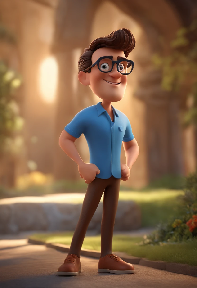Cartoon character of a man with black glasses and a blue shirt, animation character, Caractere estilizado, animation style rendering, 3D estilizado, Arnold Maya render, 3 d render stylized, toon render keyshot, Personagem 3D, Personagem 3D, 3d rendering stylized, 3 d character render, personagem de desenho animado, Personagem de close up, Pose de personagem, (Estilo Pixar) (master part:1.2) (Bokeh) (best quality) (pele detalhada) (textura detalhada) (8k) (argila) (Cinematic lighting) (foco nítido