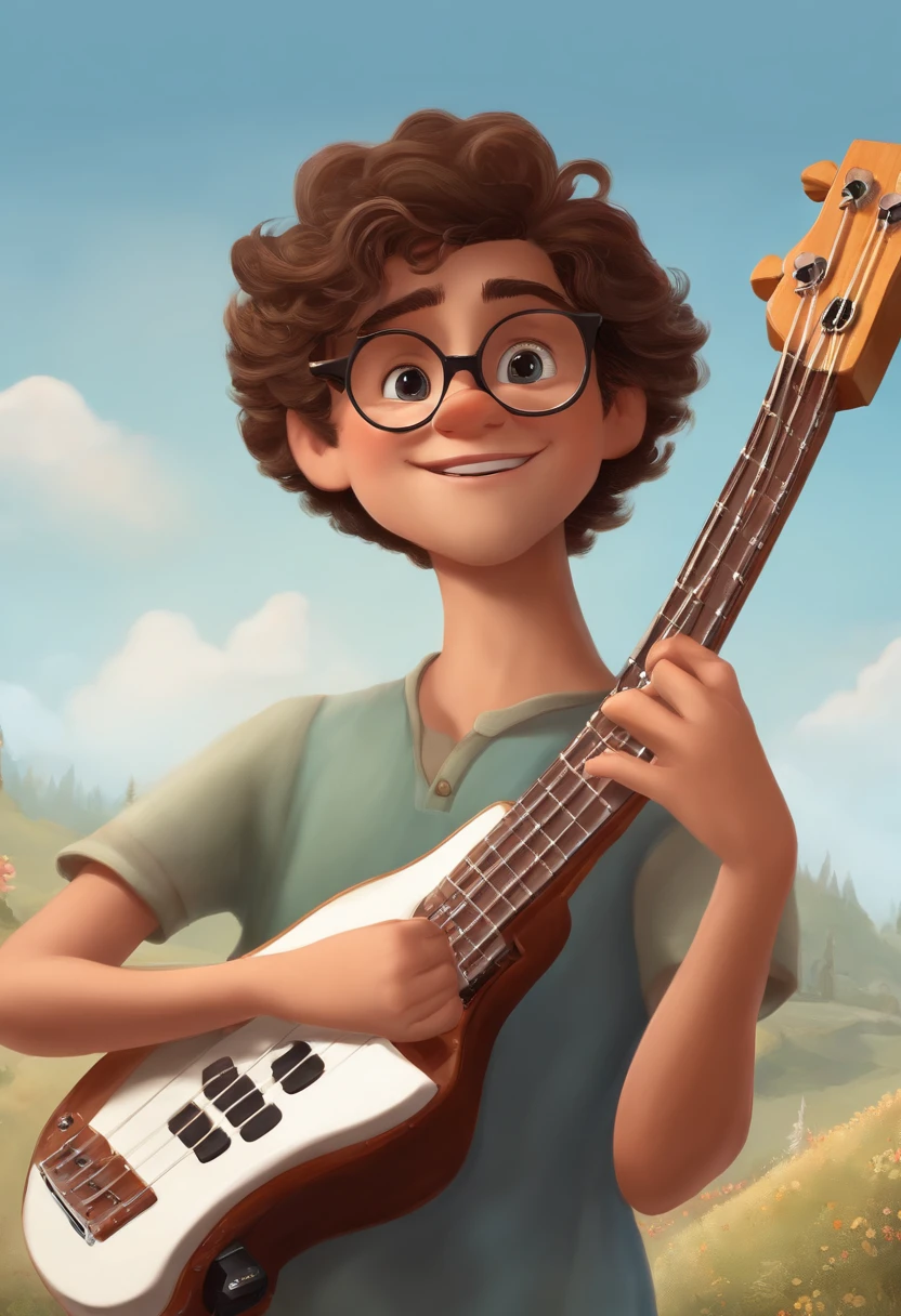 crie um banner no estilo Pixar. Titled "Helder" A boy with European features, homem branco, careca ou calvo, olhos castanhos e cor mel, com barba levemente acinzentado, mas jovem, Transparent and round glasses, usando uma camiseta, Wearing jeans and holding a 6-string electronic bass.