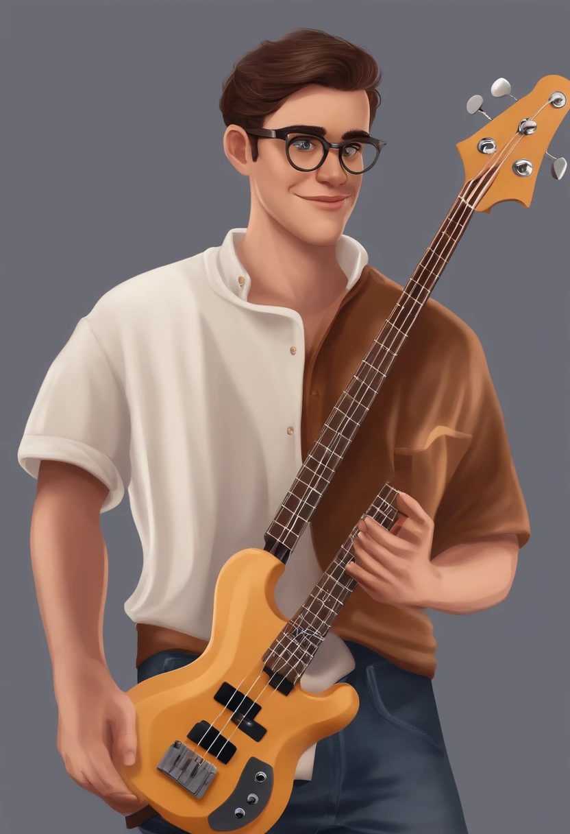crie um banner no estilo Pixar. Titled "Helder" A boy with European features, homem branco, careca ou calvo, olhos castanhos e cor mel, com barba levemente acinzentado, mas jovem, Transparent and round glasses, usando uma camiseta, Wearing jeans and holding a 6-string electronic bass.