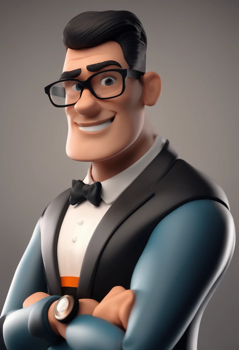 Cartoon character of a man wearing black glasses and an orange shirt, um personagem animado, segurando um microfone, de jaleco azul claro escrito "Fono", Caractere estilizado, animation style rendering, 3D estilizado, Arnold Maya render, 3 d render stylized, toon render keyshot, Personagem 3D, Personagem 3D, 3d rendering stylized, 3 d character render, personagem de desenho animado, Personagem de close up, Pose de personagem, (Estilo Pixar) (master part:1.2) (Bokeh) (best quality) (pele detalhada) (textura detalhada) (8k) (argila) (Cinematic lighting) (foco nítido,Senta e vaza a parte superior do corpo