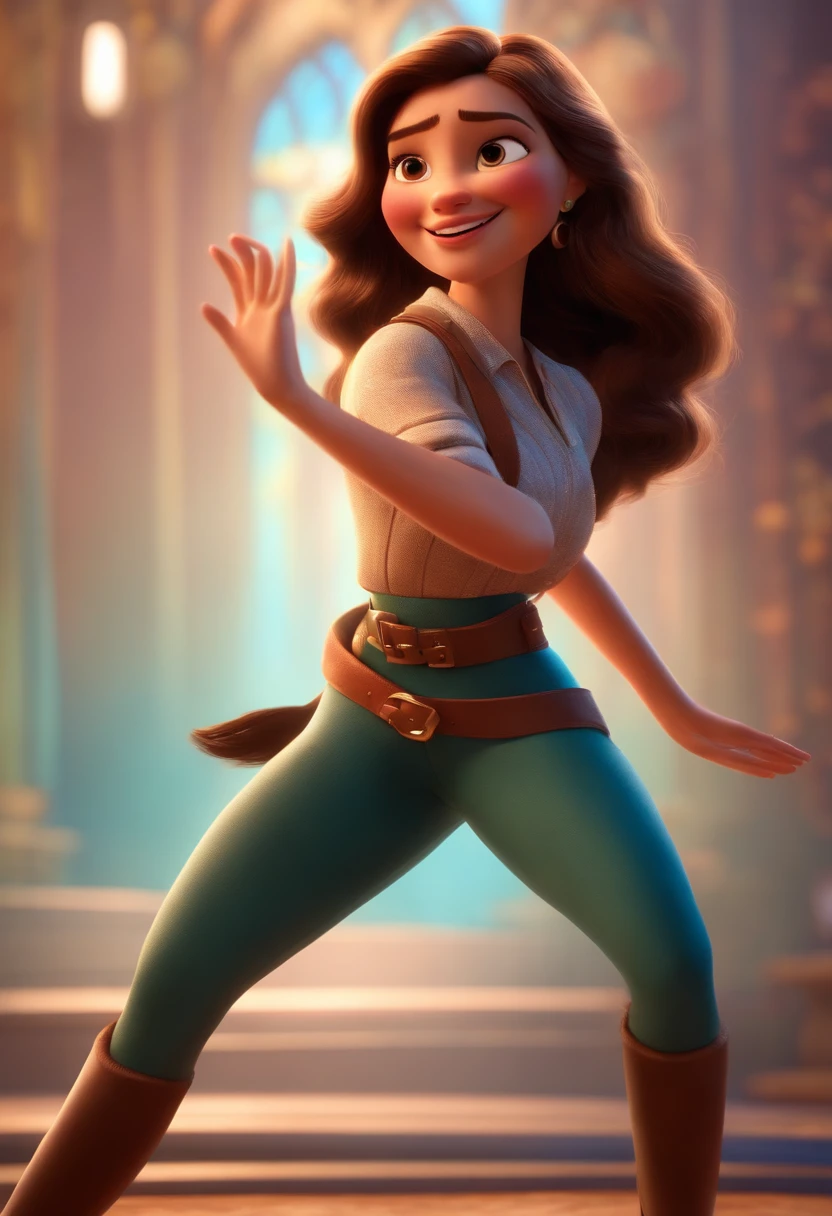 Pixar style image with 3D character brunette woman long straight hair at waist dancing, Maquiagem Disney,Pescador, bonitinho, sorridente ,Close-up, Pixar, Disney, Cinema lighting,