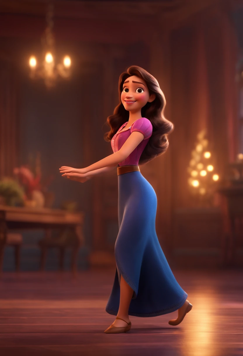 Pixar style image with 3D character brunette woman long straight hair at waist dancing, Maquiagem Disney,Pescador, bonitinho, sorridente ,Close-up, Pixar, Disney, Cinema lighting,