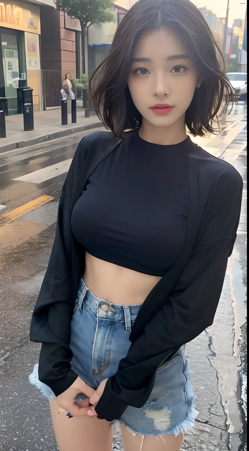 ((Best Quality, 8k, Masterpiece: 1.3)), Focus: 1.2, Perfect Body Beauty: 1.4, Slim Abs: 1.2, ((Layered Haircut, Big Breasts: 1.2)), (Wet Clothes: 1.1) , (Rain, Street:1.3), Wet Body: 1.1, Highly detailed face and skin texture, Detailed eyes, Double eyelids, Double clothes, Short clothes