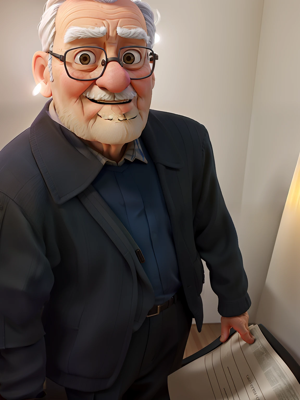 A wise old man standing in front, illuminated by the light of a lamp, against the backdrop of a library