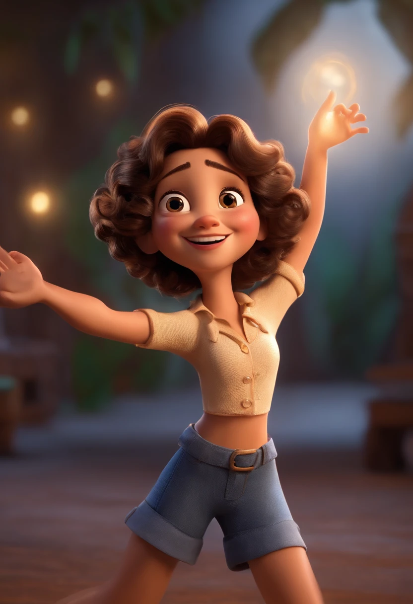 Imagem estilo Pixar com personagem 3D,Brunette woman short hair curly dancing, Maquiagem Disney,Pescador, bonitinho, sorridente ,Close-up, Pixar, Disney, Cinema lighting,olhos grandes castanhos escuro, right hand raised, Ring and middle fingers bent and the others slow.