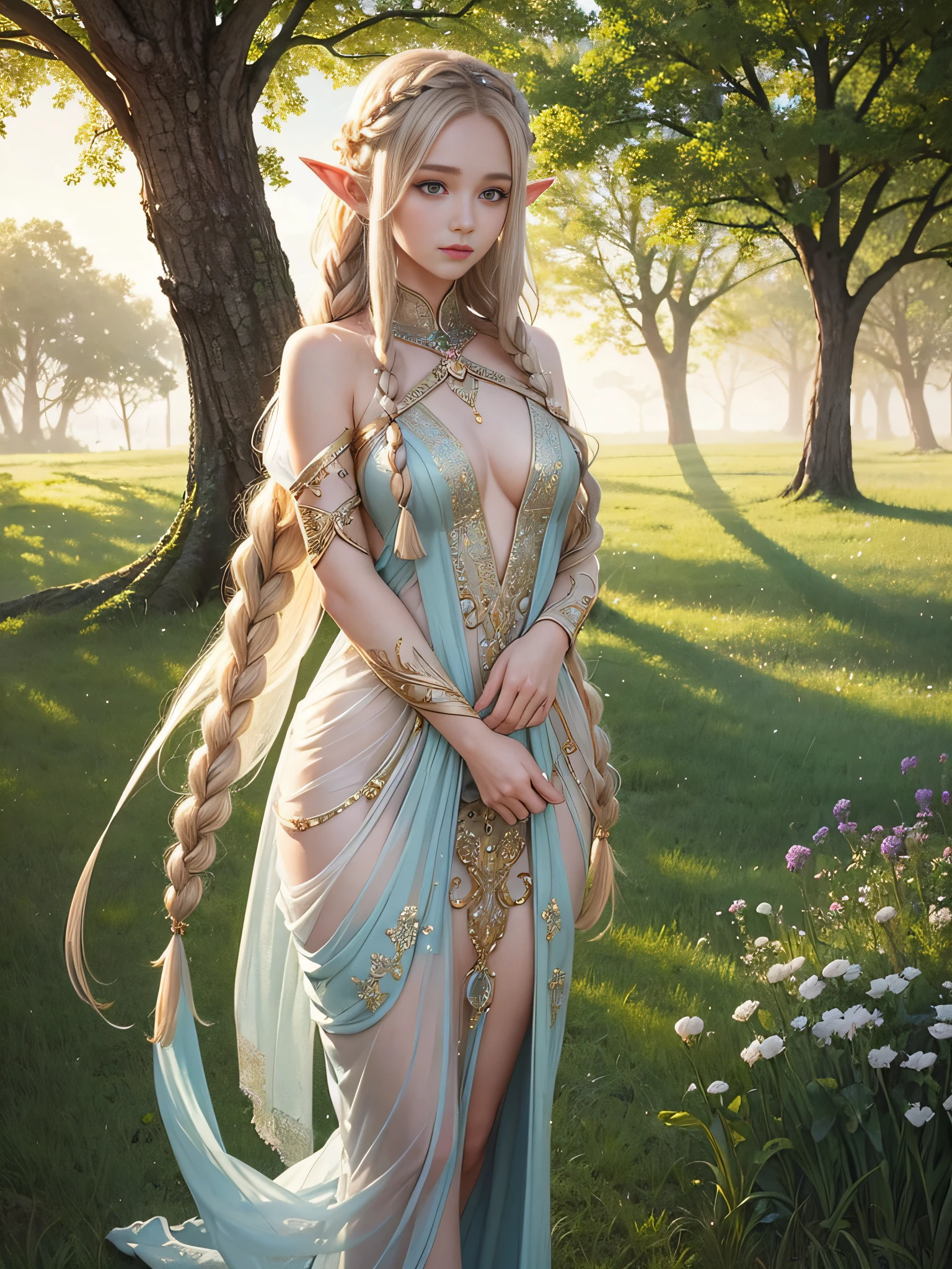 A graceful elf girl stands in a meadow, her delicate features illuminated by the soft light of the setting sun. Her long, flowing hair cascades down her back, adorned with intricate braids and adorned with sparkling jewels. This stunning painting captures the ethereal beauty of elves. Her slender figure in a silk dress sways in the soft meadow breeze. The artist's attention to detail is evident in the intricate patterns of her dress and the subtle highlights of her luminescence. skin. This breathtaking depiction of an elf girl exudes a sense of enchantment and transports the viewer to a magical world.