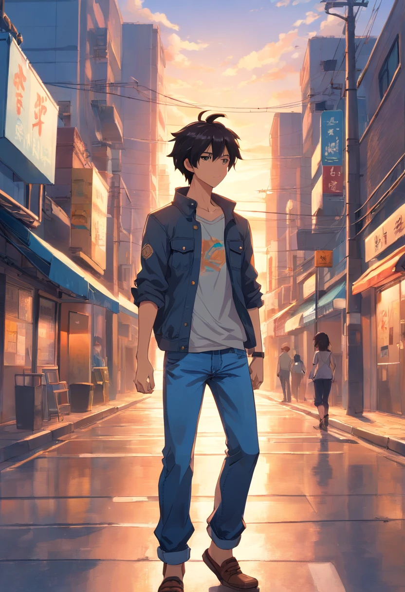 personagem masculino, 23 anos, cabelo preto, olhos castanho, brinco na orelha, olhos bonitos, por do sol, moletom com capuz, tattoos on arms, Denim Jeans Pants.