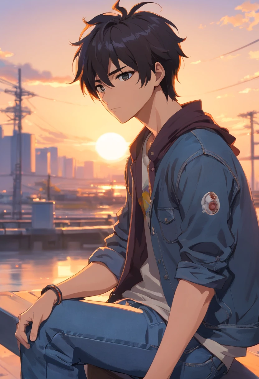 personagem masculino, 23 anos, cabelo preto, olhos castanho, brinco na orelha, olhos bonitos, por do sol, moletom com capuz, tattoos on arms, Denim Jeans Pants.