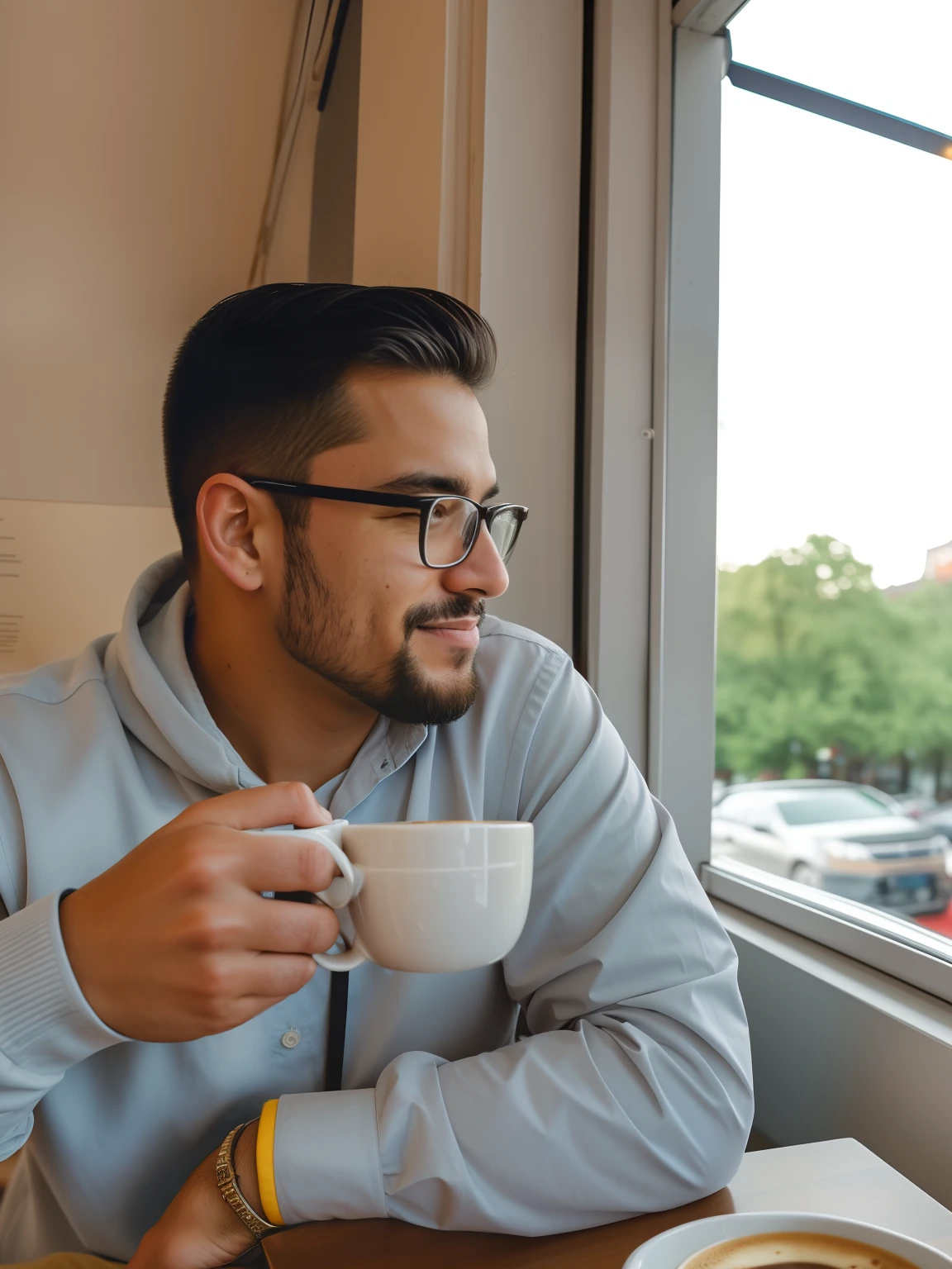 there is a man sitting at a table with a cup of coffee, enjoying coffee at a coffee shop, drinking a coffee, Tomado com Sony Alpha 9, drinking coffee, taken with sony a7r camera, drinking a cup of coffee, Retrato de Lofi em uma janela, portrait of morning coffee, sitting at a café, photo taken with Sony a7R camera
