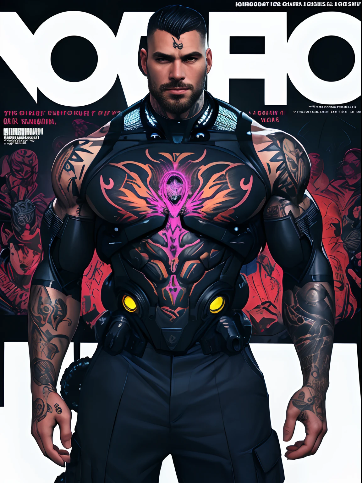 (male) Super cyborg, european male, magazine cover, poster art , Lovecraftian horror tattoos, bold huge text, matted design layout, strong, bold inking techniques