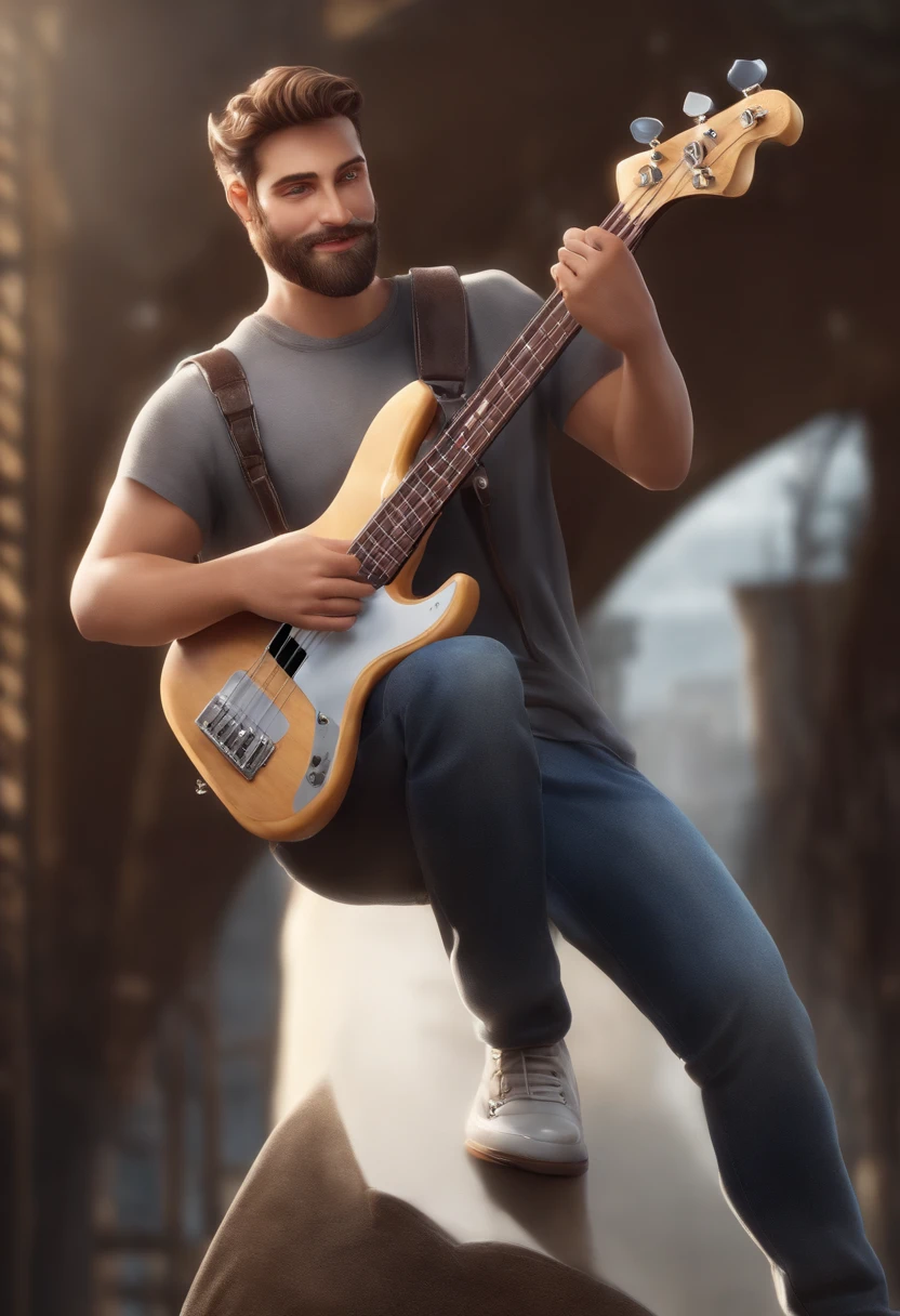 crie um banner no estilo Pixar. Intitulado "Brilhante" A boy with European features, homem branco, careca ou calvo, olhos castanhos e cor mel, com barba levemente acinzentado, mas jovem, Vidros transparentes e redondos, usando uma camiseta, Wearing jeans and holding a 6-string electronic bass.