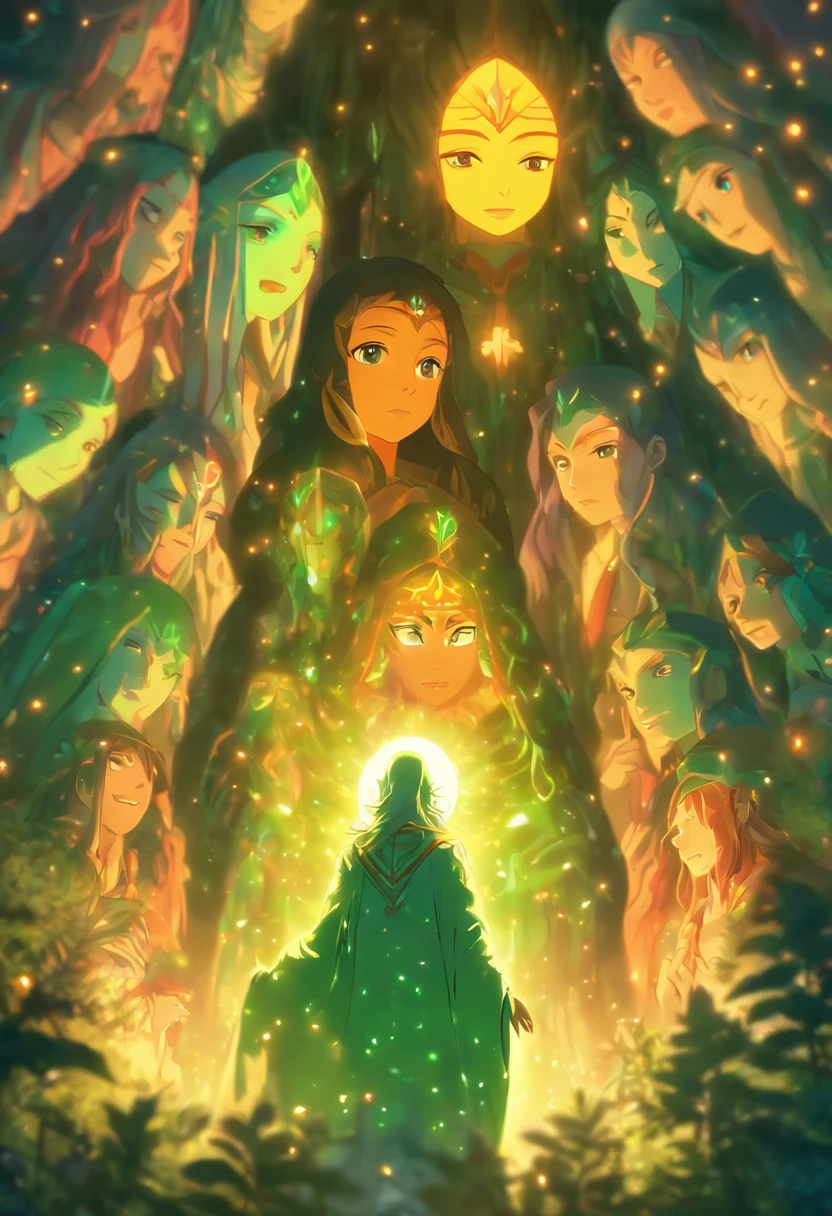 (best quality,4k,8k,Alto,master part:1.2),ultra-detalhado,(Realistic,fotorrealista,photo-realistic:1.37),I want a song with the strength of ayahuasca, with Mary Our Lady in biolominicence colors, luminous colors and biolominicencia, a group of men praying in a forest surrounded by spirits and souls
image close
