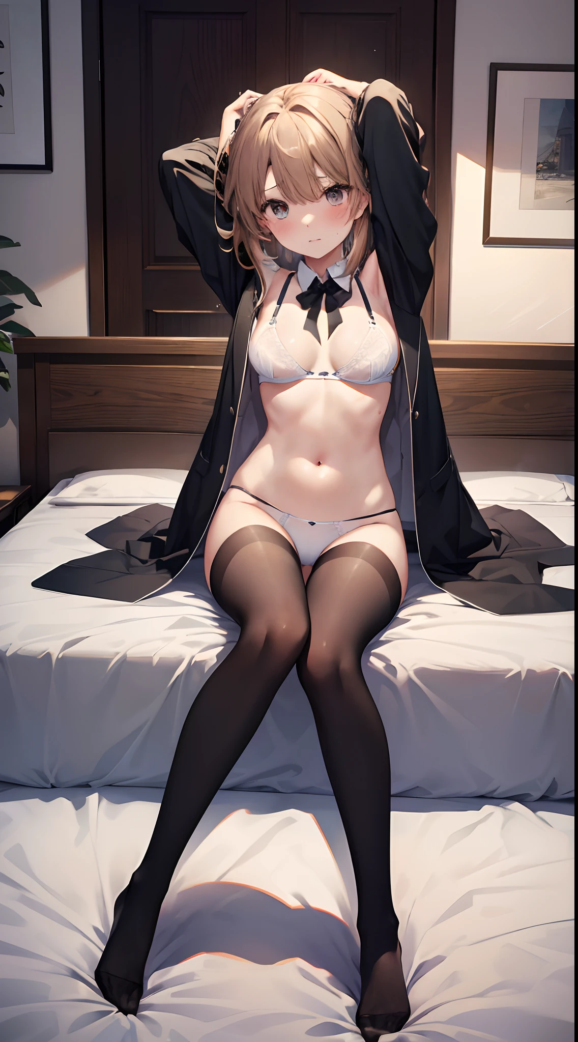 A -yeld gifrom Japan with a slender body、独奏、Full body view from head to toe、small tits、Brown hair、long disheveled hair、blushing look、Puzzled look、Excited look、Sweating、Upward expression、Composition from the front、Black pantyhose、(Black_pantyhose):1.2)、black pantyhose,cleanness,stockings,blackstockings、tiptoes、White fancy underwear、(white panties:1.3)、(White bra:1.3)、No shoes、Black High Heels、are open、Pose lying on bed、(back arms:1.2)、shackle、shibari、ropes、Bind、White open collar shirt、Suit、pencil skirts、Bedrooms、inside in room、during daytime