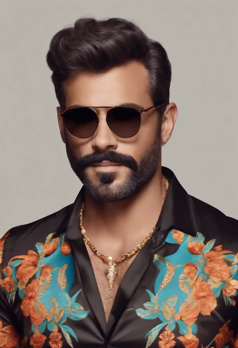 Uma personagem estilo pixar, um homem de 37anos, cabelo preto curto penteado para cima, square sunglasses, barba preta, sem bigode, camisa social preta,