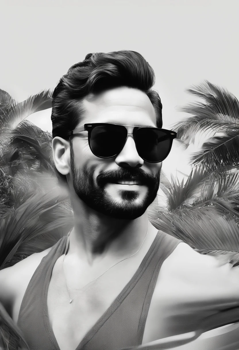 Uma personagem estilo pixar, um homem de 37anos, cabelo preto curto penteado para cima, square sunglasses, barba preta, sem bigode, camisa social preta,