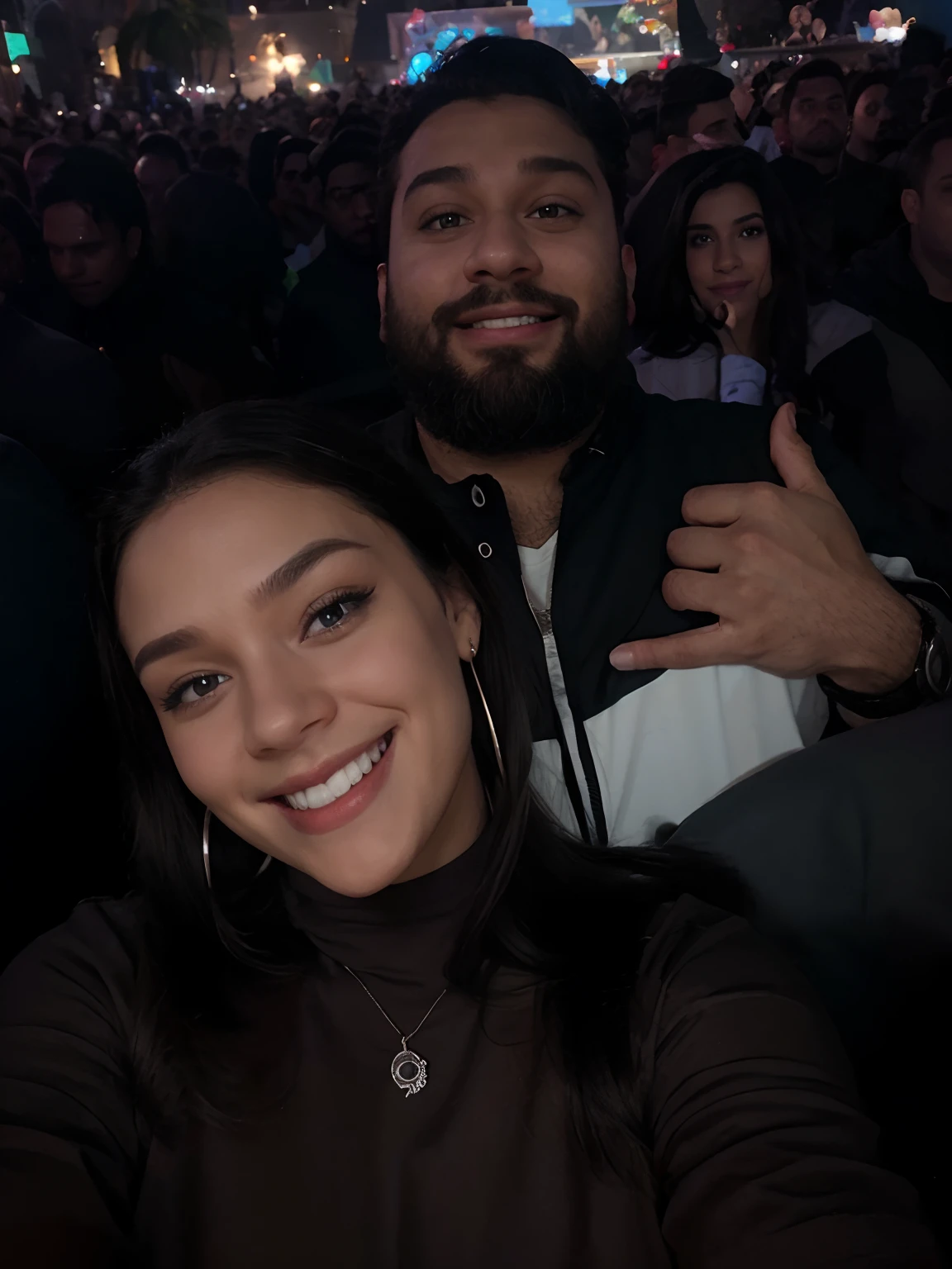 Poster no estilo Disney pixar, alta qualidade, melhor qualidade, homem branco,21 anos cabelo preto barba preta, musculoso, mulher linda, com sorriso lindo batom vermleo ,piercing com fundo de um show