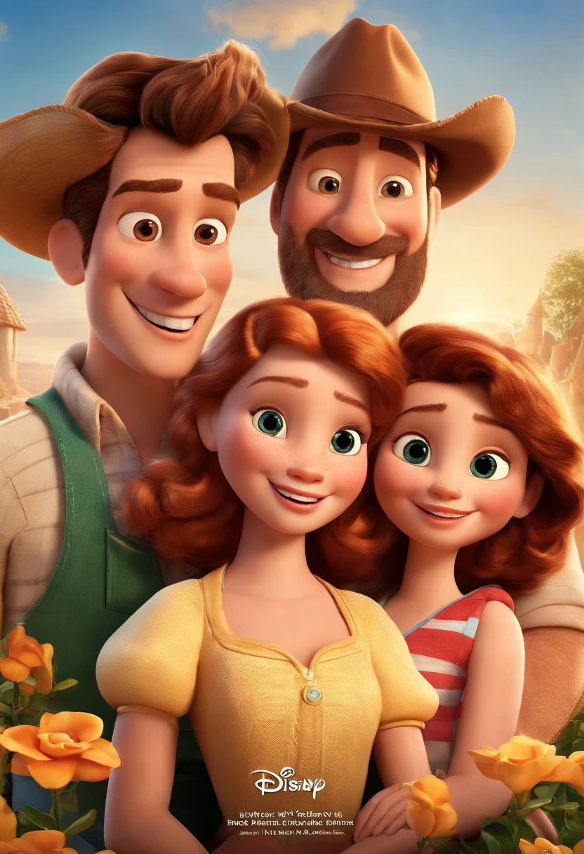 a Disney Pixar movie poster showing a white-skinned family. The father is the tallest, Tem barba curta, loiro, cabelos curtos e espinhosos. The mother has brown eyes and hair, shoulder-length and is slightly overweight. A tem 4 anos e cabelos castanhos, roupa rosa e rabos de cavalo. The background is a beach garden. 3D-rendering