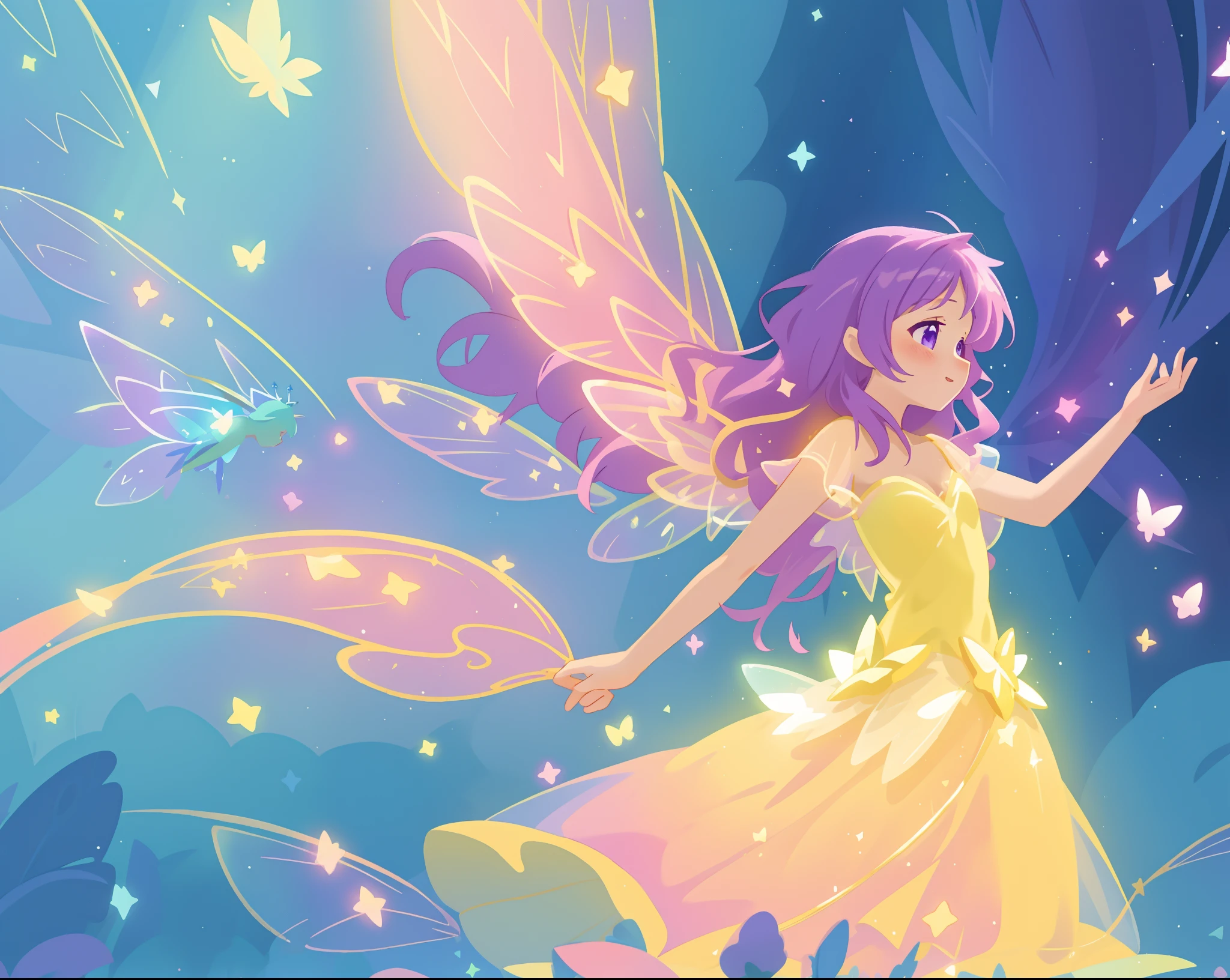 beautiful fairy girl in fluttering yellow dress, layered sparkling fairy dress, (huge sparkling pink fairy wings), long dark purple hair, fairy queen, ((magical colorful otherworldly background)), colorful fantasia background, (glowing fairy wings), glowing flowing ballgown, long hair, sparkling fairy wings, watercolor illustration, glowing aura around her, glowing lights, beautiful digital illustration, fantasia otherworldly background, beautiful, (masterpiece), best quality