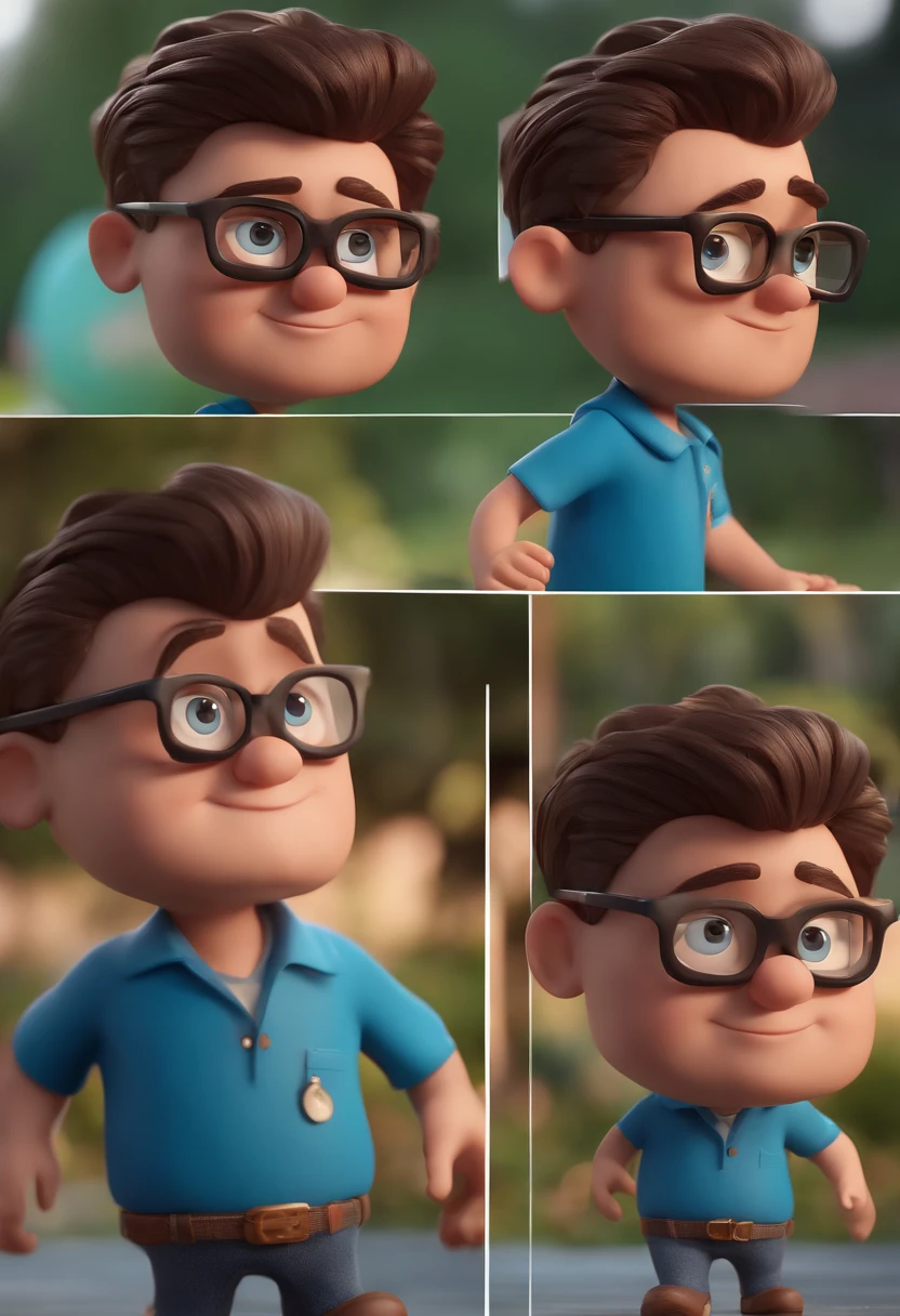 Cartoon character of a man with black glasses and a blue shirt, animation character, Caractere estilizado, animation style rendering, 3D estilizado, Arnold Maya render, 3 d render stylized, toon render keyshot, Personagem 3D, Personagem 3D, 3d rendering stylized, 3 d character render, personagem de desenho animado, Personagem de close up, Pose de personagem,  (Estilo Pixar) (master part:1.2) (Bokeh) (best quality) (pele detalhada) (textura detalhada) (8k) (argila) (Cinematic lighting) (foco nítido