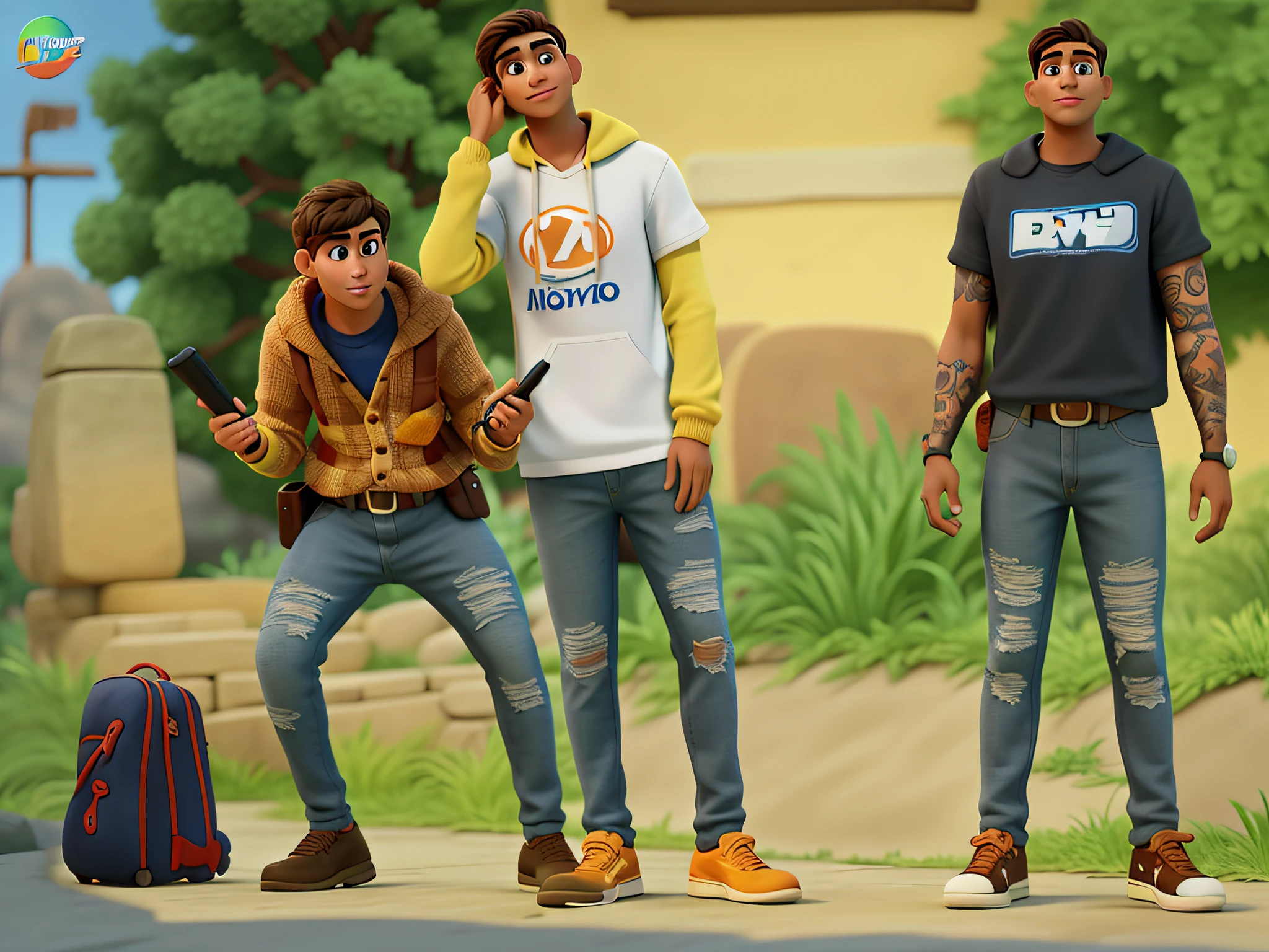menino ao centro com duas meninas do lado, usando uniformes de escola, estilo pixar, alta qualidade, melhor qualidade