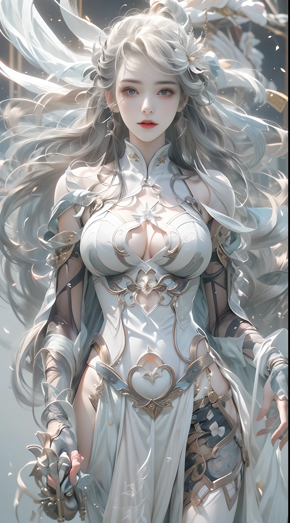 Official Art, Unified 8k Wallpapers, ((Hyperrealism) (Surrealism)), (3D), Ultra Detailed, Beautiful and Aesthetic, Masterpiece, Best Quality, (Zentangle, Tangle, Entangle), (Fractal Art: 0.5), (Full Body Character Design, Full Body: 0.3), 2girl, Detailed Eyes, (Delicate Skin, Diffused Skin Pores) (Long White Hair), No Shoulder Straps, Girl in Mecha Network Armor, Beautiful White Girl Cyborg, Weapon in hand, Chinese style, wide vision, black and white, martial arts, Chinese cyberpunk architecture, movie lighting, full body character design, full body: 0.3), China, (dream: 1), (silk: 1), sky with Chinese dragon, Chinese phoenix, (smile: 1.5), (Chinese deity),